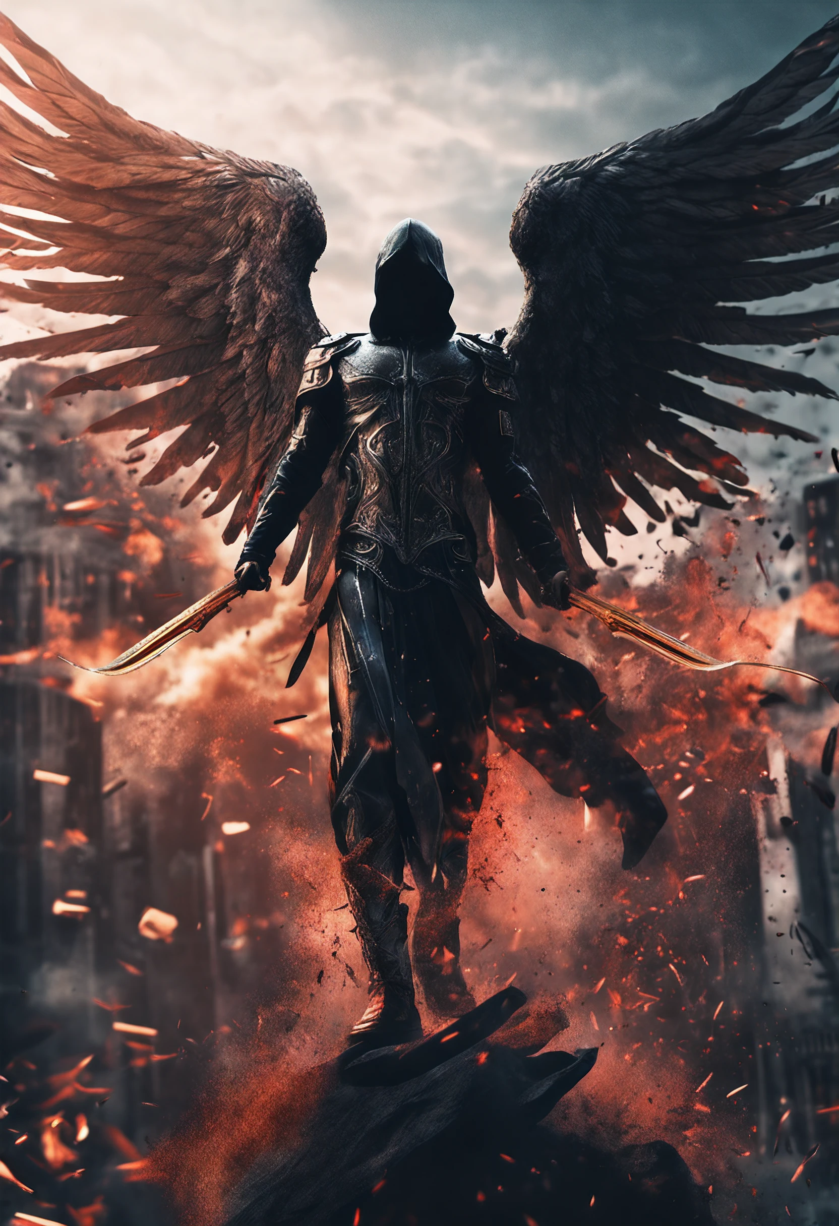 Realistic, 4k, Cinematic, Angel with large wings on his back, Black clothes, a sword, hood on the head against the background of the image of the war (Chaos), Masterpiece