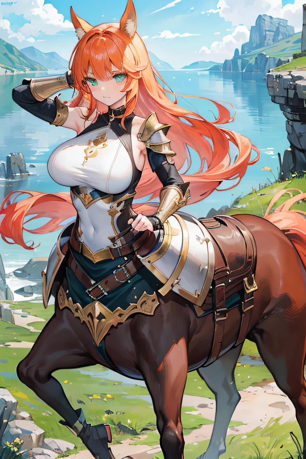 (masterpiece), (best quality:1.4), (perfect anatomy:1.4), high quality, expressive eyes, full body, 1girl, centaur girl, solo, detailed face, beautiful face, perfect face, detailed (ginger medium hair), detailed eyes, green eyes, (glistening skin:1.1), (lips open:0.3), looking at viewer, dynamic lighting, detailed, (masterpiece),breasts, {huge breasts}, serious, musculantasy lake background), horse ears, tail, horse tail, dynamic pose, (fantasy lake background), soft, centaur, taur, curvy, armor, cuisses, shoulder armor, hand guard, belt,