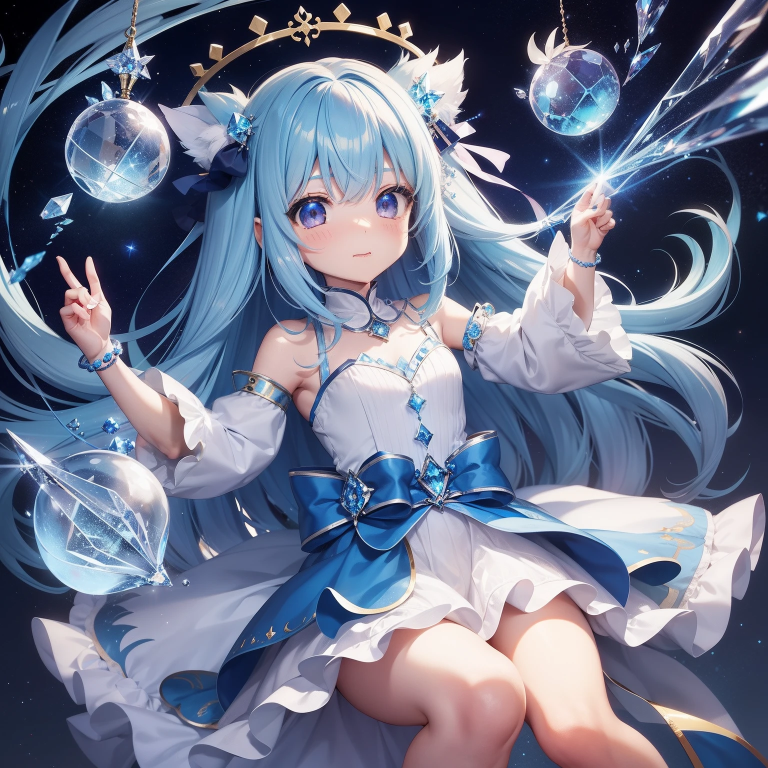 Chibichara、Blue hair long hair、Fluffy dodge、girl with((Chibi Chara))、Engaging pose、Blue and white costume、Fantasia、Luminous Crystal、Crystal jade、constellation、a moon、Fantastic background、masutepiece
