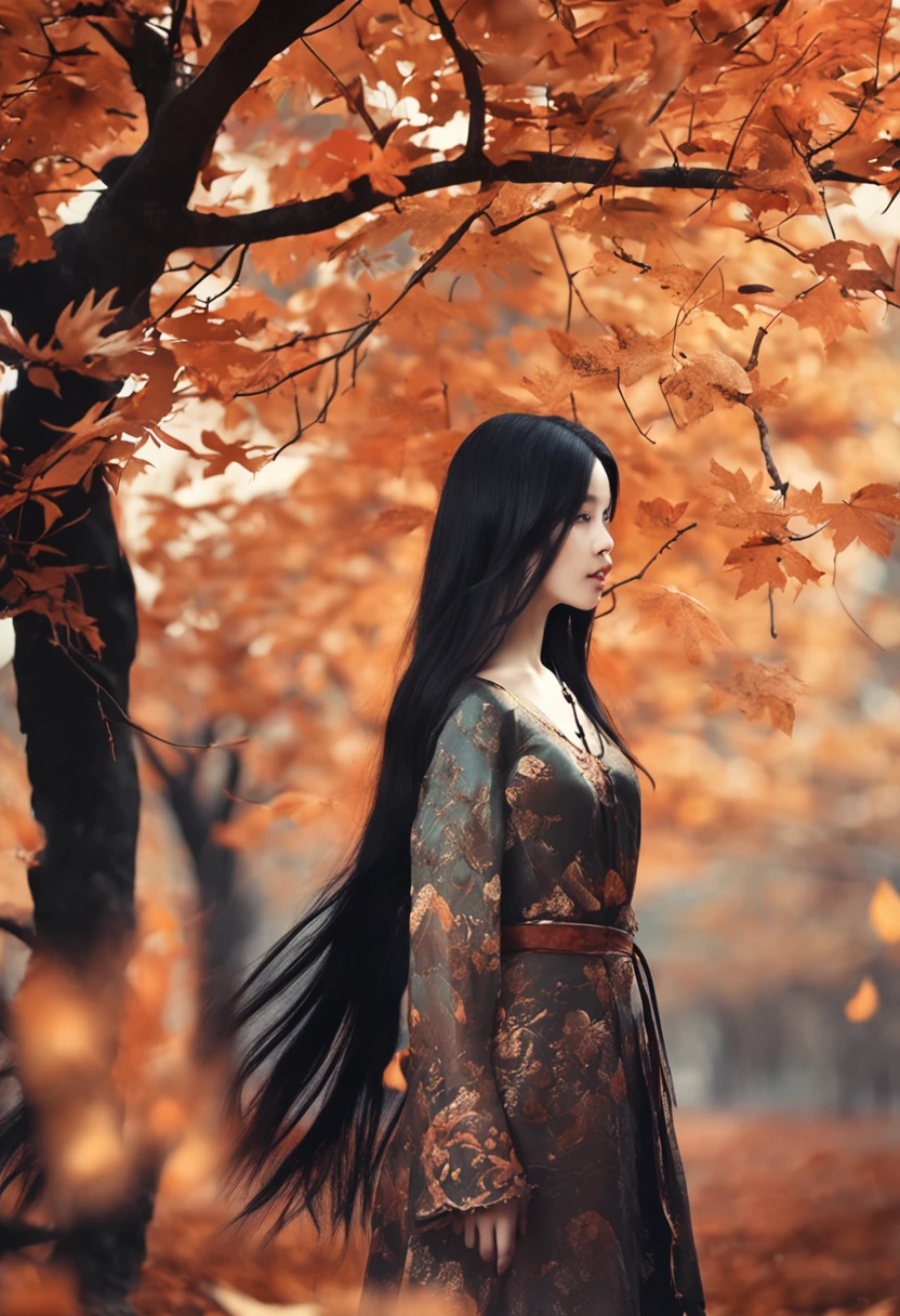 Long black hair looking at autumn leaves、Eyes are brown、Dressed as a beautiful woman in one piece