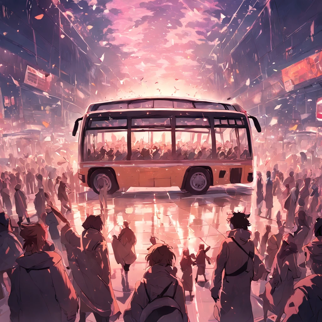 Real bus,It was full of people,crowd of,alarmed,Open your mouth,Exaggerated expressions,On the street,Overturned,disaster,Fragmentation,Overturned,Realistic background,Background of details