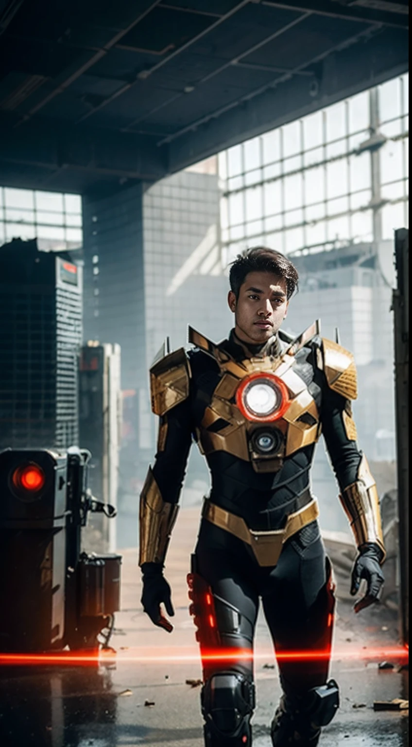 Men are wearing Amman mechs, red and gold, highly detailed abandoned warehouse backgrounds, detailed faces, detailed complex busy backgrounds, messy, gorgeous, milky, detailed skin, realistic skin details, visible pores, sharp focus, volume fog, 8k UHD, DSLR cameras, high quality, film grain, white skin, photorealism, lomography, Metropolis in futuristic dystopia, view from below, translucent