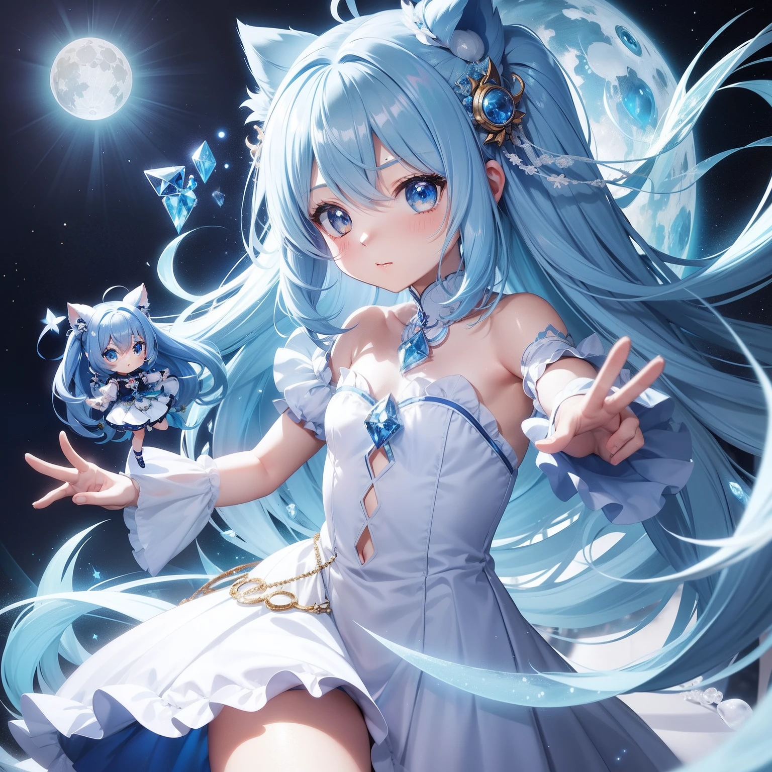 Chibichara、Blue hair long hair、Fluffy dodge、girl with（(Chibi Chara))、Engaging pose、Blue and white costume、Fantasia、Luminous Crystal、Crystal jade、constellation、a moon、Fantastic background、masutepiece