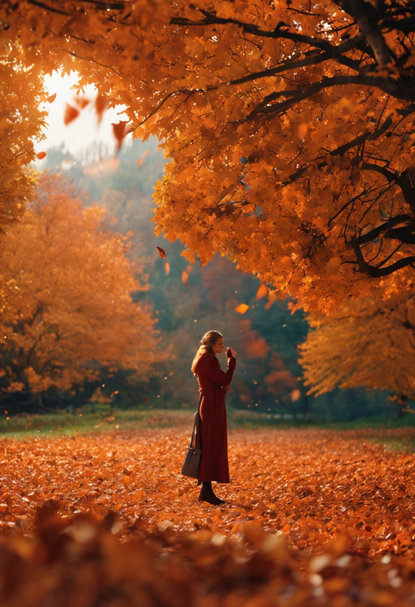 Beautiful woman looking at autumn leaves