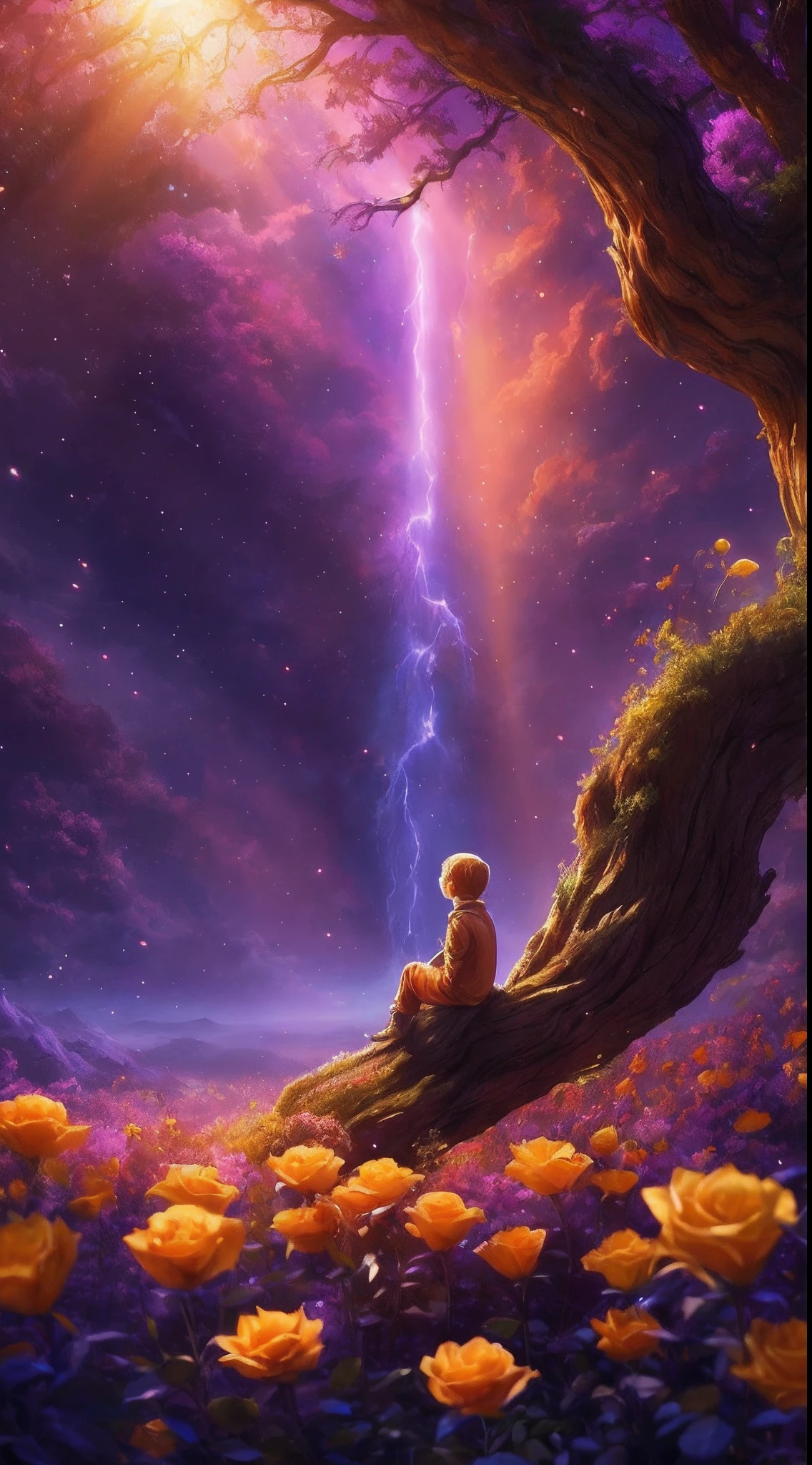 expansive landscape photograph, (a view from below that shows sky above and open field below), a little 9 years old blond boy with long sweatshirt and yellow scarf sitting on a trunk on yellow roses flower garden looking up, ( comet:0.9), (nebula:1.3), distant lake, tree of life, BREAK production art, (warm light source:1.3), lamp, lot of purple and orange, intricate details, volumetric lighting, realism BREAK (masterpiece:1.2), (best quality), 4k, ultra-detailed, (dynamic composition:1.4), highly detailed, colorful details, ( iridescent colors:1.2), (glowing lighting, atmospheric lighting), dreamy, magical, (solo:1.2), magical beautiful waterfall, windy