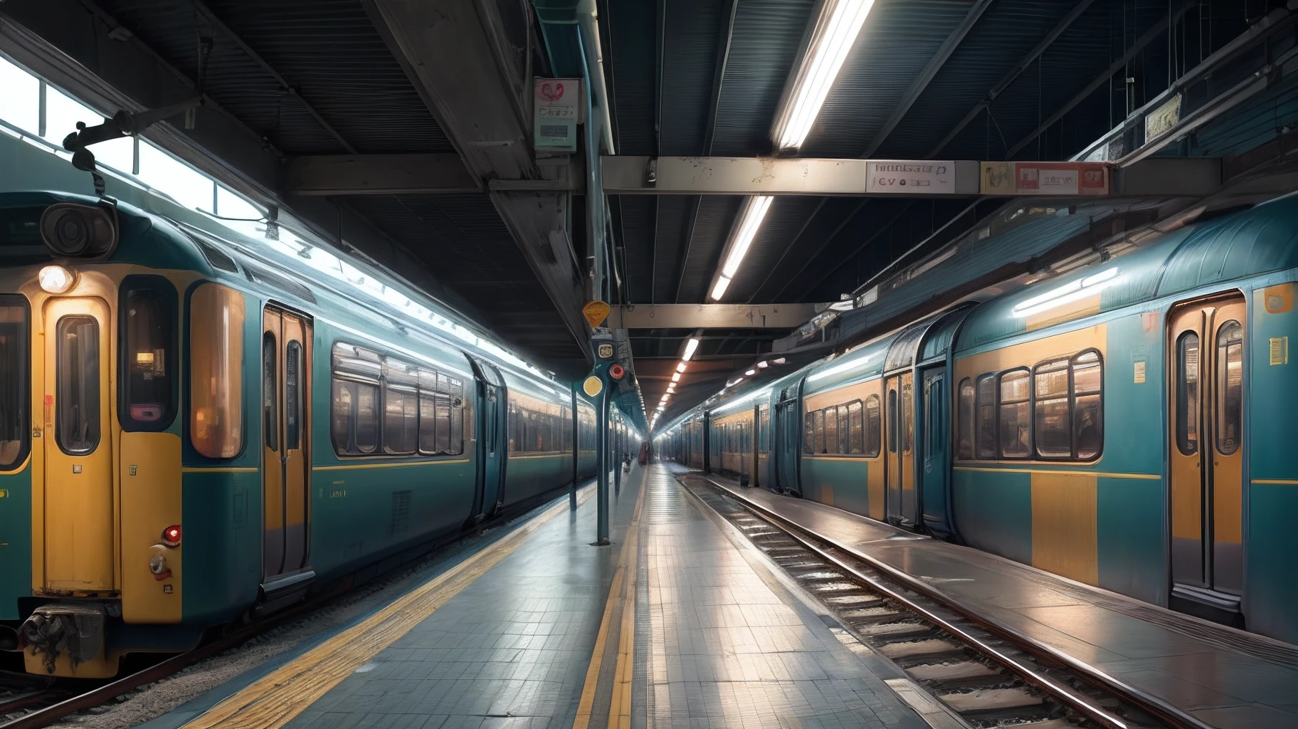 Late night train platform,The train came slowly,The platform is empty