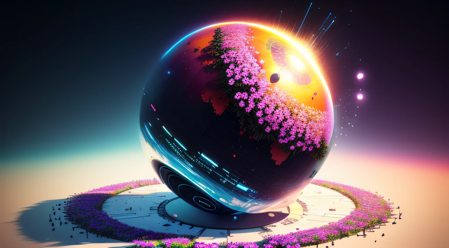 There is a very large sphere,There are a lot of flowers on it, beeple art, 3 d render beeple, beeple artwork, style hybrid mix of beeple, beeple masterpiece, artgem and beeple masterpiece, beeple. hyper photorealism, recusion beeple, in the style of beeple, beeple!!