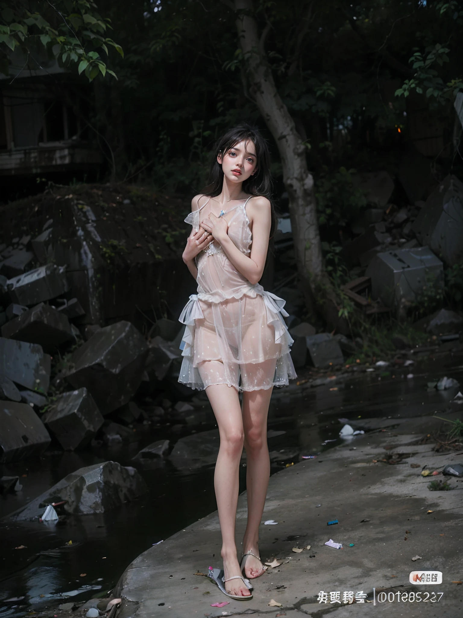 tmasterpiece，Abandoned building stairwell，Garbage all over the ground，grimy，full-body portraits，The barefoot，Naked all over the body，full body exposed，exhibitionists，nakeness，fullnude，Strip naked
