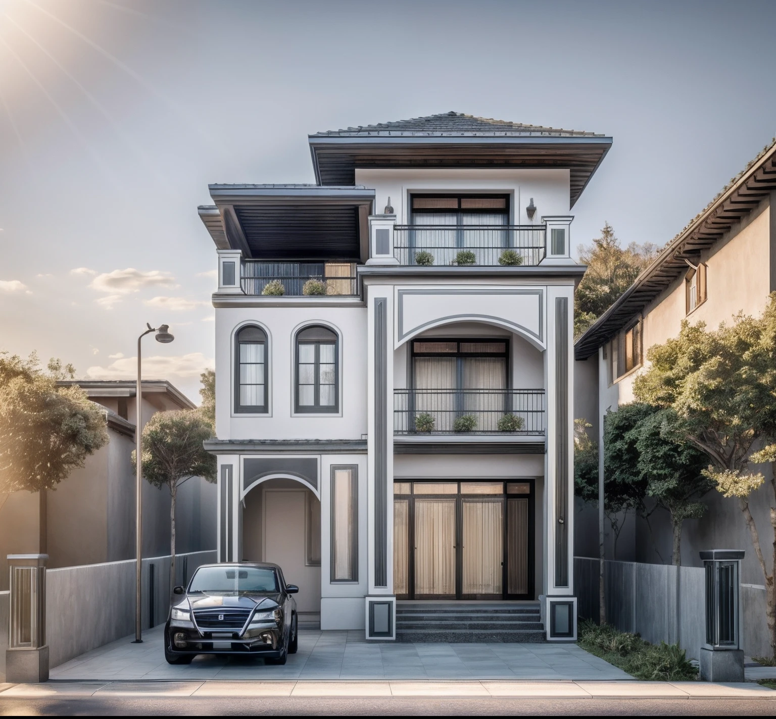 A (Photorealism:1.1) car parked in front of a two story building, clean linework, frontview, inter dimensional villa, (white wall:1.1), White column and wall details, (detail roof tile:1.1), (window glass detail:1.1), (wall lamp) 3rd floor details, (Balcony fence details:1.1), exterior design, white detailed sketch, neo - classical style, architectural illustration, realistic architecture, architectural concept, residential design, (masterpiece),(high quality), best quality, real,(realistic), super detailed, (full detail),(4k),8k,architecture, RAW photo,Masterpiece, high quality, best quality, authentic, super detail, exterior, outdoor town house style, street, white wall, louver roof, refection glass windows, climbing plant on the bacony,(straight line architecture arch:1.2), trees, beautifuL sky, (day:1.1),vray, people walking on the sidewalk in front of a house, photo render, corporate photo, digitally enhanced, render, exterior shot, photorealistic, screengrab, (god ray:1.1), digitally painted, transparent, front-view, an illustration of, full - view, discovered photo, still capture, unreal engine 5, octane render, cinematic, front lighting, ultra-detail, ((realistic)) depth of field, photography, ((Super detailed)), FKAA, TXAA, RTX, SSAO, Post Processing, Post-Production, CGI, VFX, SFX, Full color, HDR, Realistic,8k,((Unreal Engine 5)), Cinematic intricate detail, extreme detail, science, hyper-detail, FKAA, super detail, super realistic, crazy detail, intricate detail, reflected light on glass, eye-catching wall lights, unreal engine 5, octane render, cinematic, 8K,Detailed, High-fidelity, Viwvid, Crisp, Sharp, soft lighting, Bright, Stunning low, ((Lifelike)), Natural, ((Eye-catching)), Illuminating, Flawless, High-quality,Sharp edge rendering