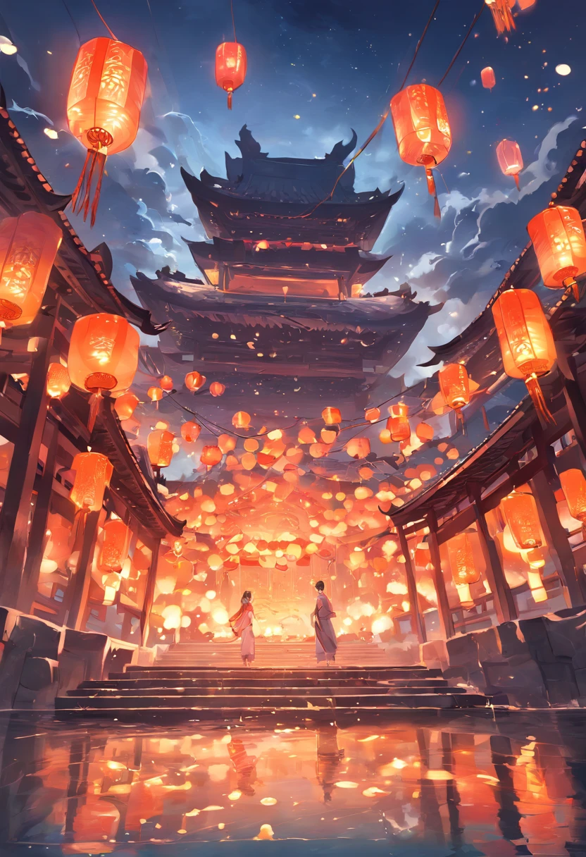 Floating lights, cinematic light and reflections, Glowing lights, Intermediate metaverse elements，Digital painting, glowing reflections, Pondering, Floating lanterns, calm evening, Digital illustration, beautiful ambiance, Sky lights at night, serene evening atmosphere, Floating lanterns, (Kongming Lantern), the night, themoon, game scenes, Ancient Chinese palaces are located above the clouds, surrounded by cloud, Homem-Imponente, glazed tiles, BUDDHA STATUE, gorgeous color, In the foreground are three arches((Color ink)), ( (Splash ink ) ),  ((Splash ink) ink})), tmasterpiece, high qulity, Beautiful graphics, high detal