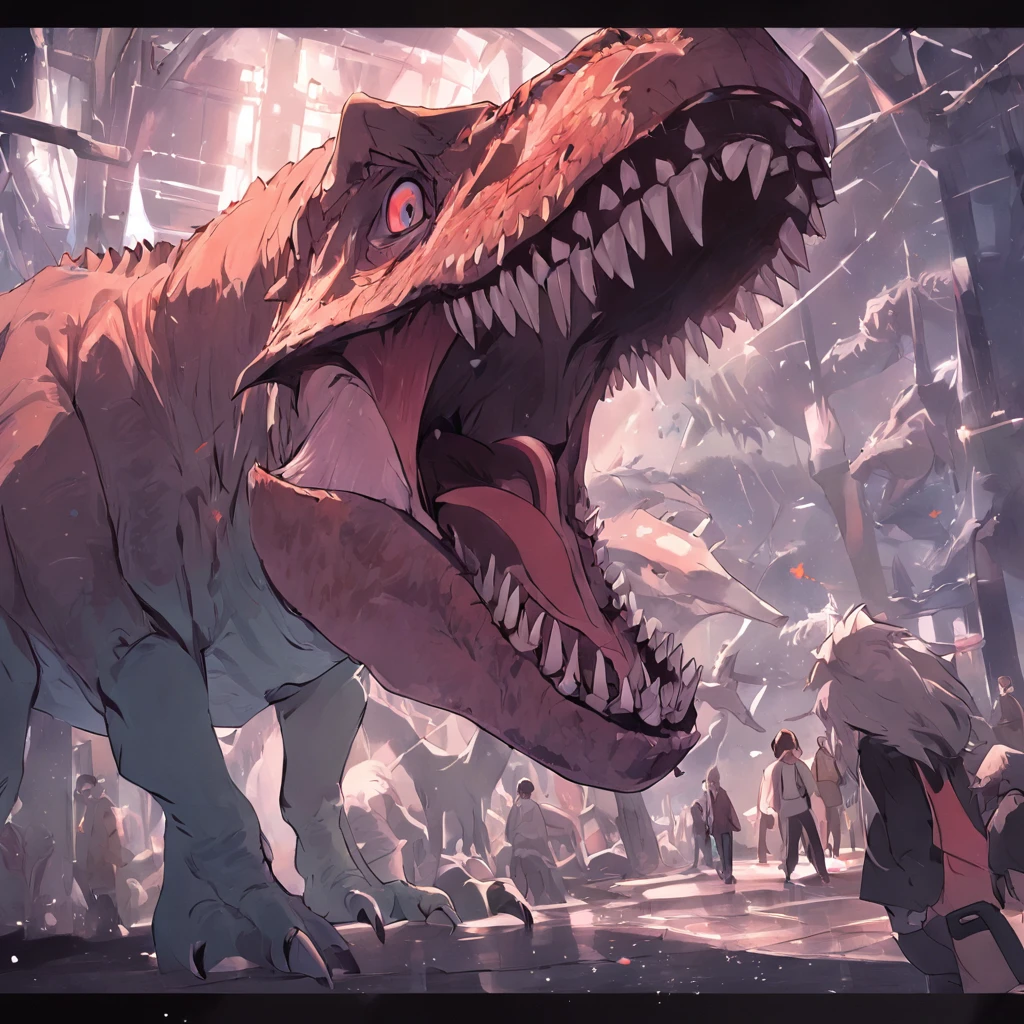 Dinosaurs carry wolves，Museum，nigth，Open your mouth，irate，There is also a bus in a photo，Collision with a bus，strike，The action is exaggerated