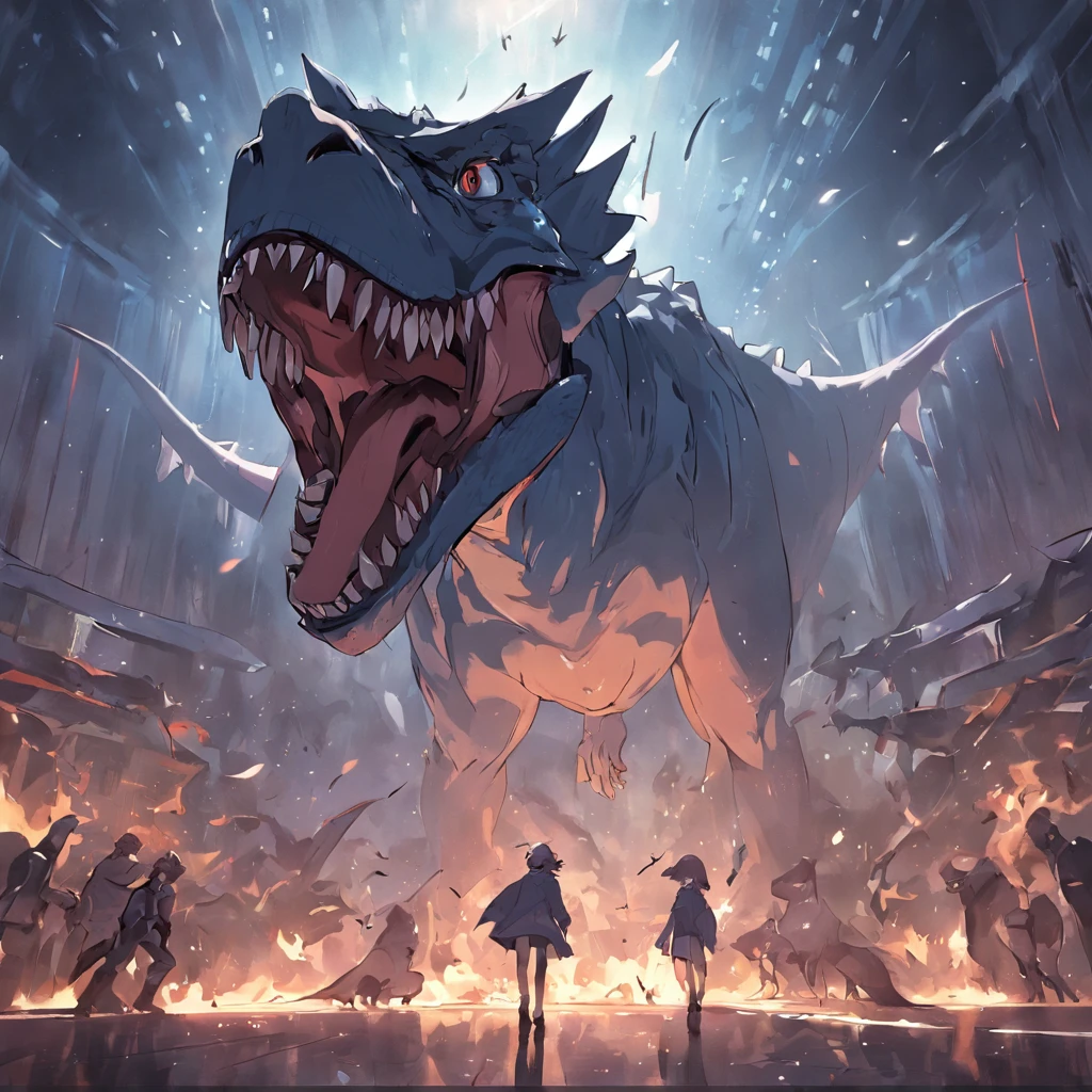 Dinosaurs carry wolves，Museum，nigth，Open your mouth，irate，There is also a bus in a photo，Collision with a bus，strike，The action is exaggerated