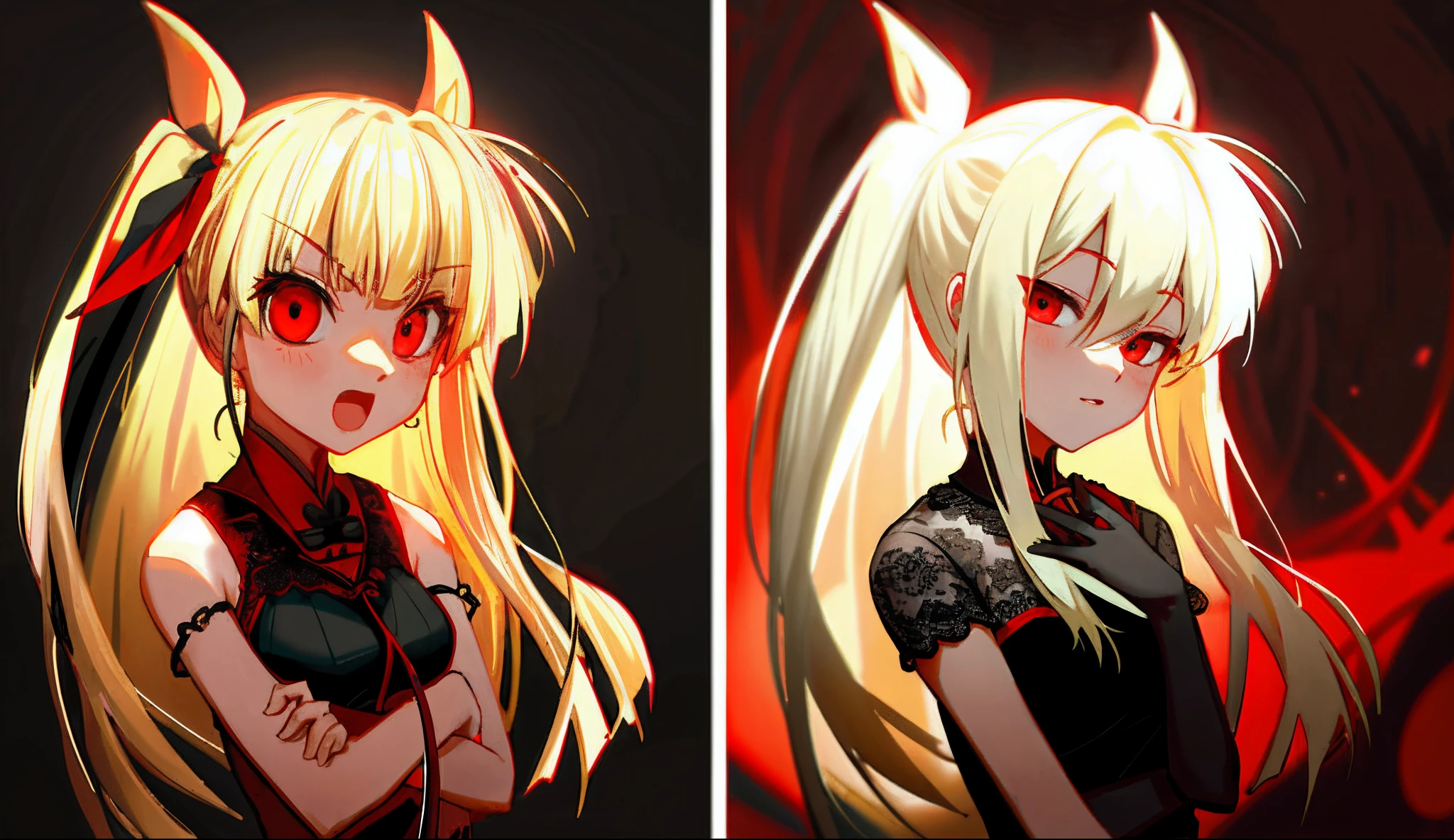 blond hairbl,red - eyed,femele,huge tit,Black lace dress,dual horsetail,thongs,Asian people,live house,sing,standing microphones,Positive perspective