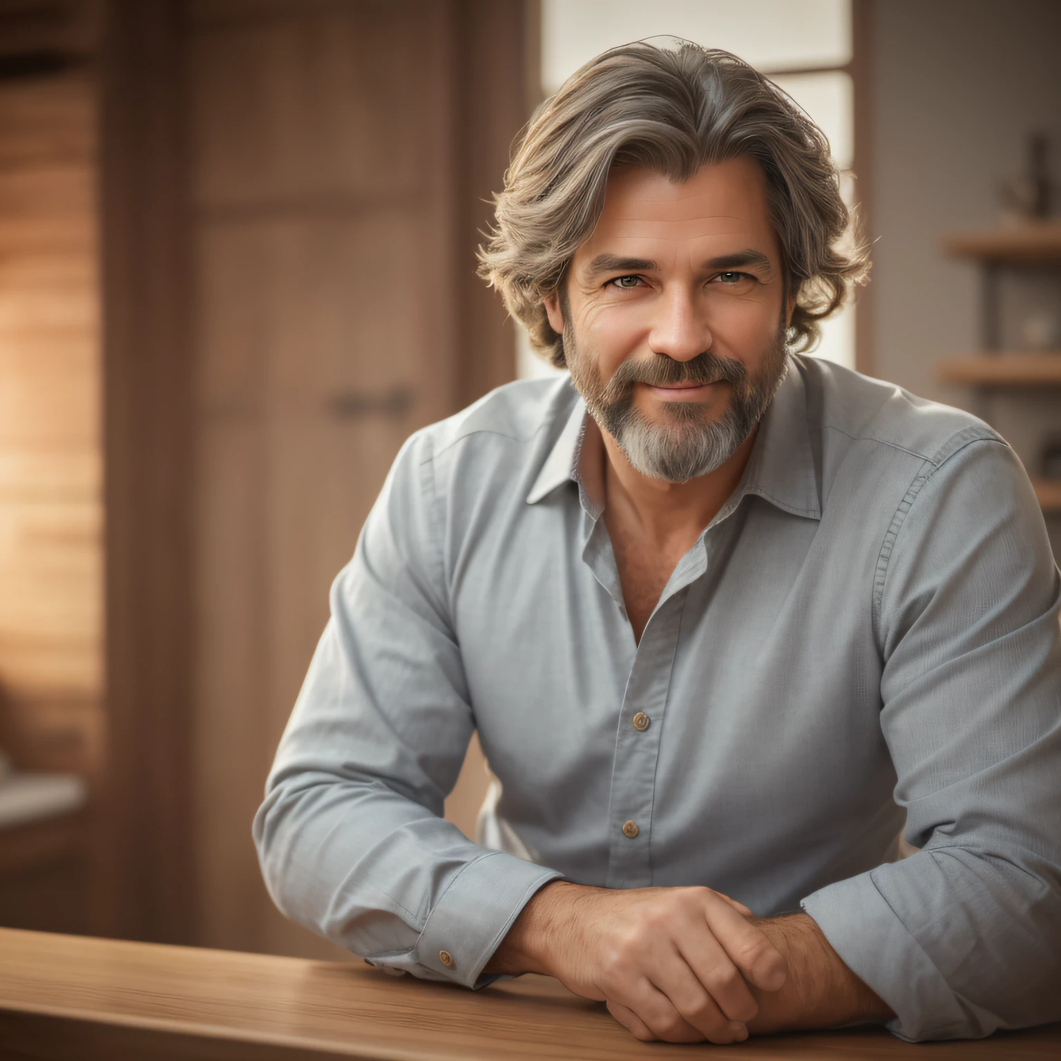 (Highest Quality, Amazing Details: 1.4), Masterpiece, Original Characters, Natural Volumetric Lighting and Better Shadows, Deep Depth of Field, Sharp Focus, Portrait of 45 Year Old Male, Full Body, Beautiful Manly Face, Beard , attractive with light eyes, seductive smile, short shaggy gray hair, long-sleeved dress shirt, standard jeans, looking at bible (church : 1.15), salon, (standing : 1.2), happy , overexposure, photorealism, photorealistic, nsfw, sexy, , sharp, focused, centered, sensual, HD, 8k, DSLR, RAW