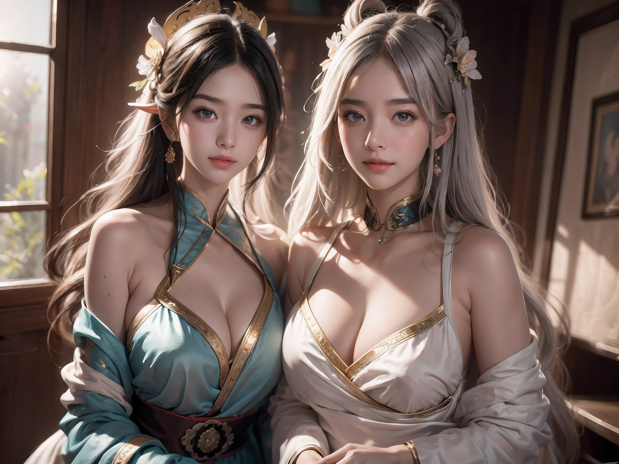 (RAW Photo, Best Quality), (Realistic, Photorealistic Real: 1.3), Best Quality, Highly Detailed, Masterpiece, Ultra Detailed, Illustration, 1 Girl, upper_body, Dynamic Angle, World Mastery Theater, messy_long_hair, Best Quality, Extremely Detailed CG Uniform 8k Wallpaper, Ink, Amazing, Sexy, Peach Blossom Eyes, Gray Hair, Smile, Movie Lights, lens_flare, dunhuang_style