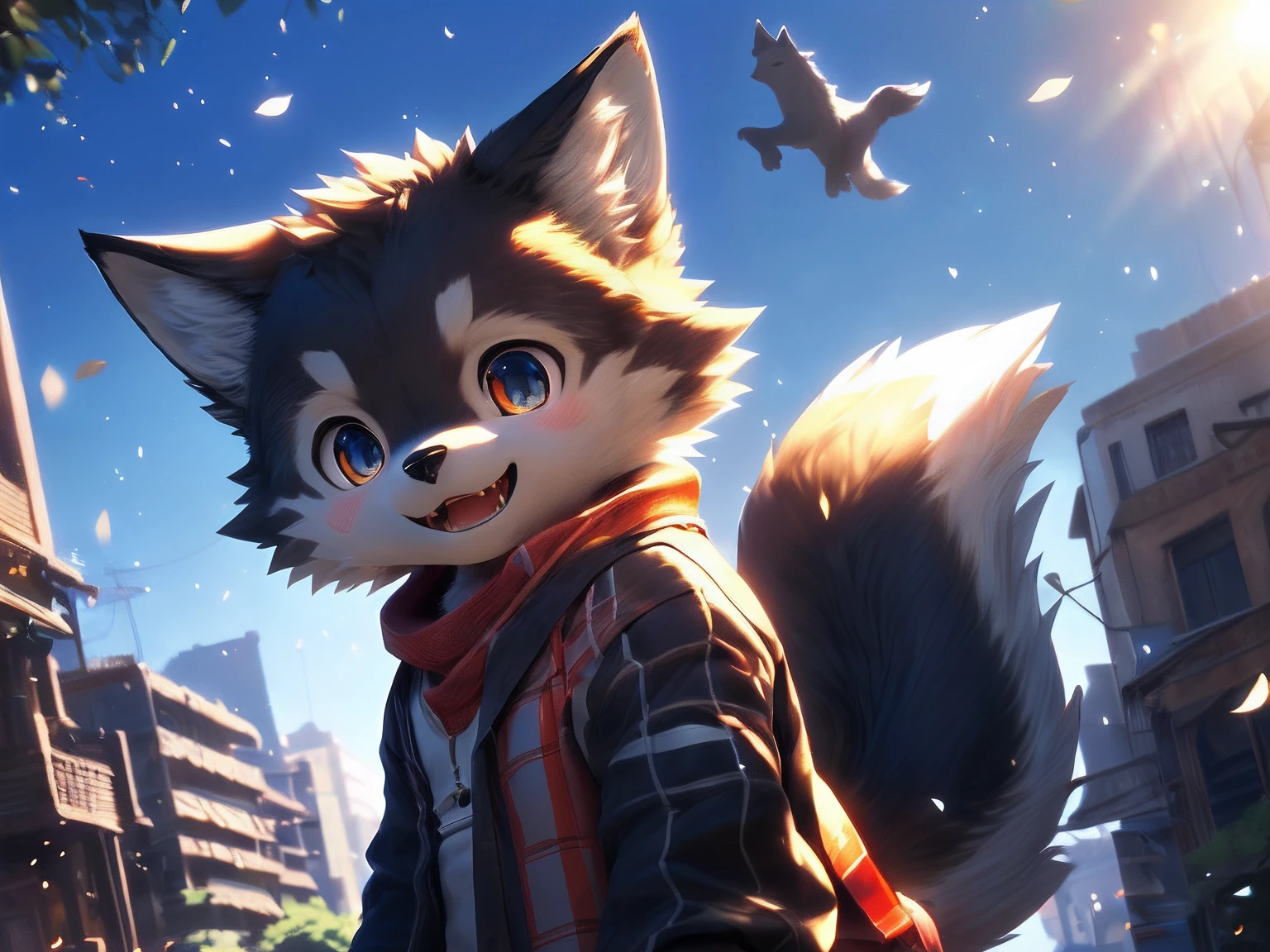 Solo,(komono:0.8),(Shota,,cub,Young,tchibi,bishounen,Petite,short stack,Adorable:1.1),(Anime face,Kawaii expression,cute fang),(Handsome:1).
Flying between buildings, A ((((wolf)))) Has ((big tail)).
Break
(Cinematic lighting), ((Detailed background)), ((Looking down)), (((three fourths view))), (Happy mouth),(half body shadow).
break
Ultra-detailed,(NSFW:1.2),Colored digital line art,Photorealistic,(Flat color:1.2),thick outline,(limited palette:1.1),Game CG,(3D:1.2),(Photorealistic:1.2),(Masterpiece,Best quality,Great,Highly detailed CG unity 8k wallpaper,Super fine illustration:1.2),Extremely detailed,voluminetric lighting,Best shadows,(Depth of field,Particles of Light,Cinematic lighting:1.1),wind lift,speed-line,offcial art.
Break
(author：Wolfsoul:1.25).
break
Bright colors,shaded,countershading,High contrast,Photography \(artwork of a\),(Realistic:1.2),(hi，It's nothing,absurd res:1.2),Perfect anatomy,Anatomically correct,Detailed,Detailed face,Detailed eyes,(Realistic fur,Detailed fur:1.25),Detailed background,amazing background.