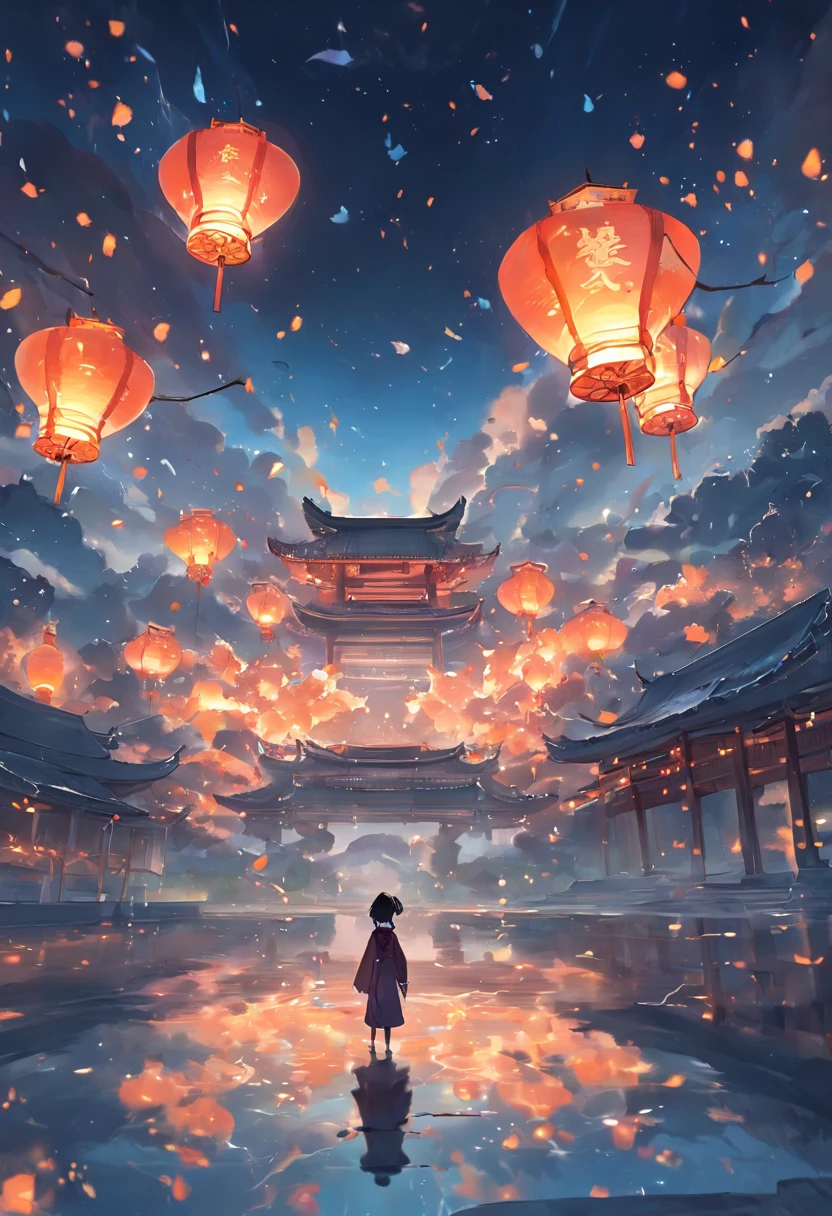 Floating lights, cinematic light and reflections, Glowing lights, Intermediate metaverse elements,Digital painting, glowing reflections, Pondering, Floating lanterns, calm evening, Digital illustration, beautiful ambiance, Sky lights at night, serene evening atmosphere, Floating lanterns, (Kongming Lantern), the night, themoon, game scenes, Ancient Chinese palaces are located above the clouds, surrounded by cloud, Homem-Imponente, glazed tiles, BUDDHA STATUE, gorgeous color, In the foreground are three arches((Color ink)), ( (Splash ink ) ), ((Splash ink) ink})), tmasterpiece, high qulity, Beautiful graphics, high detal