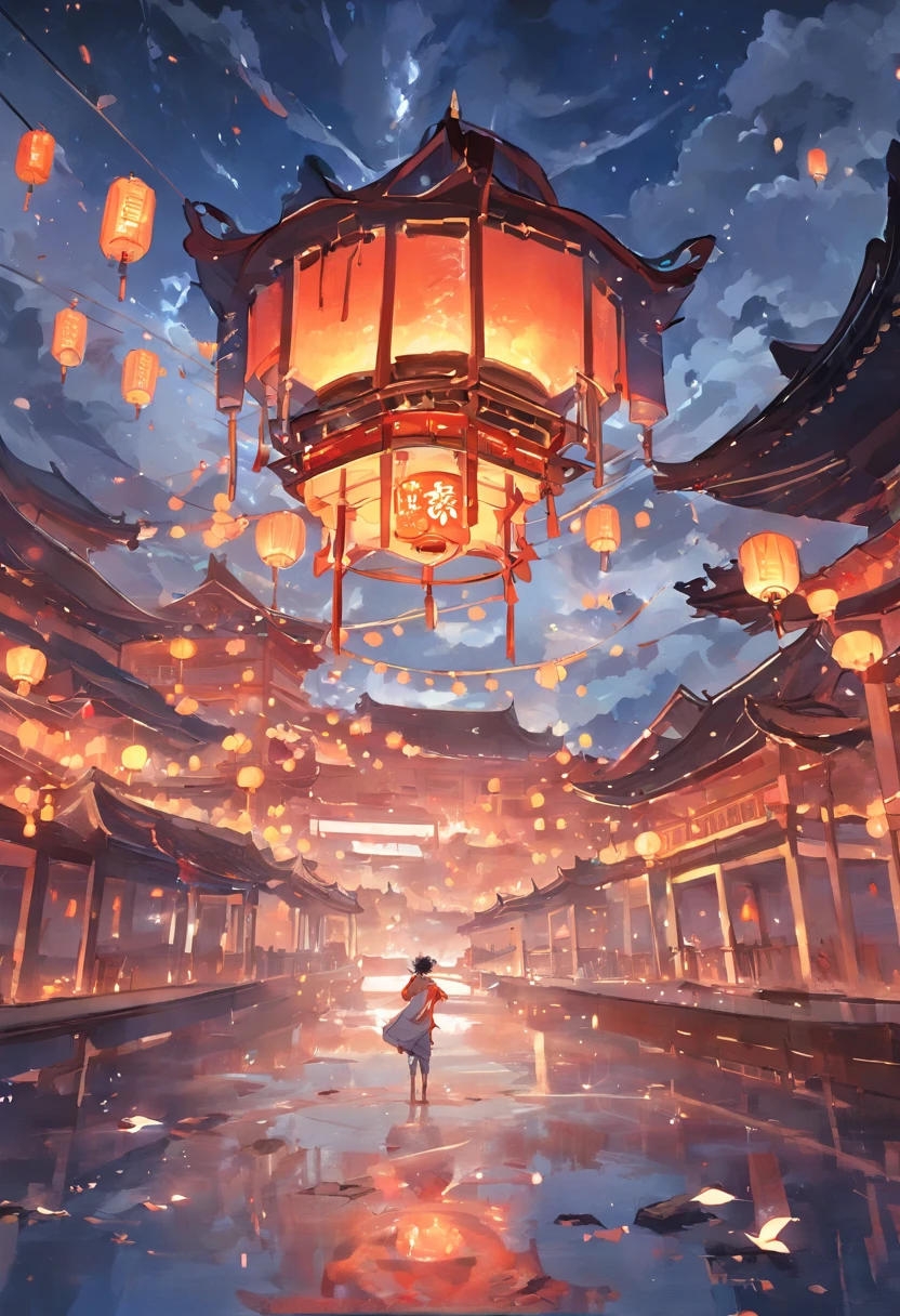 Floating lights, cinematic light and reflections, Glowing lights, Intermediate metaverse elements,Digital painting, glowing reflections, Pondering, Floating lanterns, calm evening, Digital illustration, beautiful ambiance, Sky lights at night, serene evening atmosphere, Floating lanterns, (Kongming Lantern), the night, themoon, game scenes, Ancient Chinese palaces are located above the clouds, surrounded by cloud, Homem-Imponente, glazed tiles, BUDDHA STATUE, gorgeous color, In the foreground are three arches((Color ink)), ( (Splash ink ) ), ((Splash ink) ink})), tmasterpiece, high qulity, Beautiful graphics, high detal