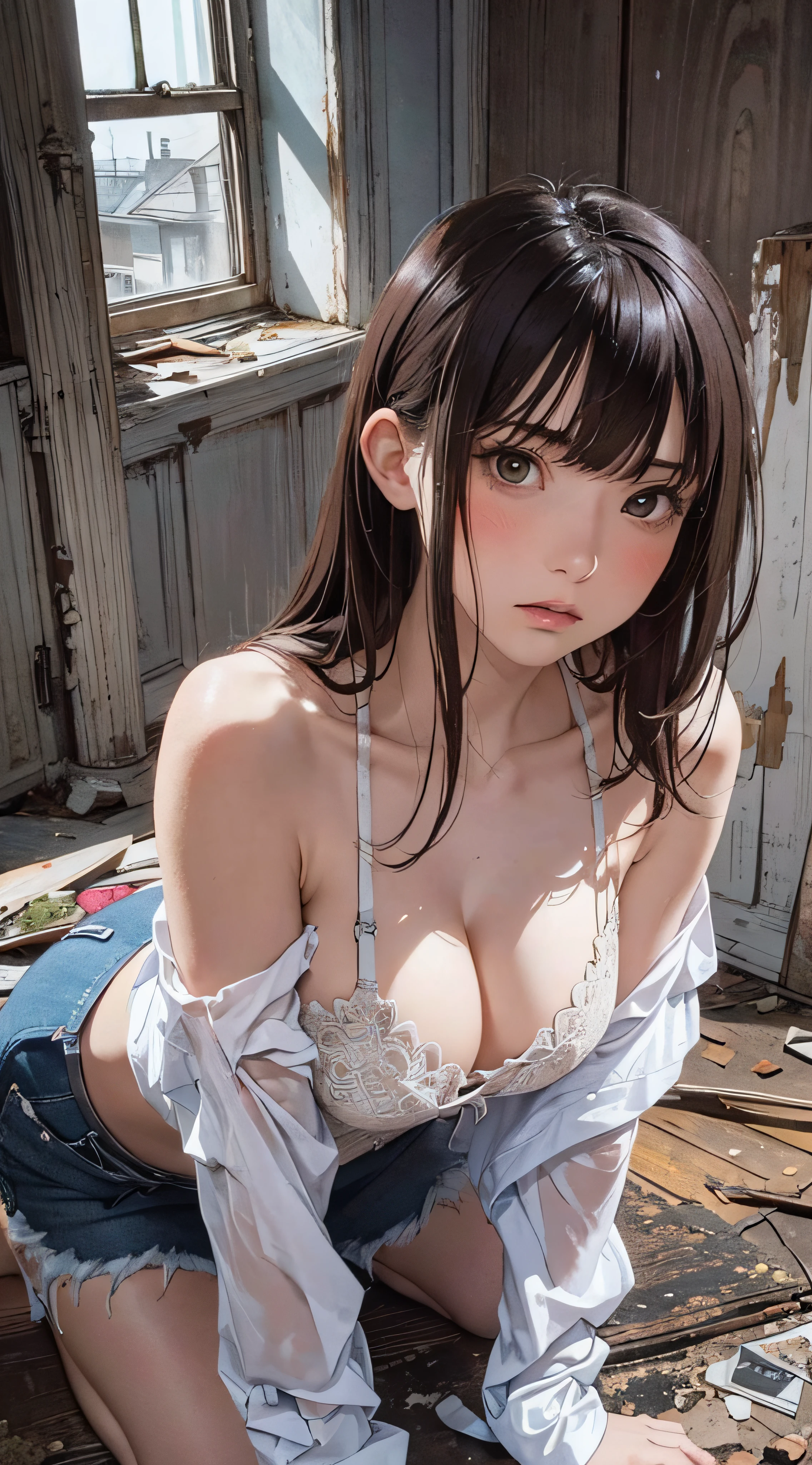 (1girl:1.3), cinematic light, (masterpiece, top quality, best quality, official art, beautiful and aesthetic:1.3), extreme detailed,highest detailed,(ultra-detailed),((an extremely delicate and beautiful)), ((Crouch down on dark night abandoned house)), from above, rainy, solo, breasts, silky long hair, (brown hair), Casual clothes, white Lace inner, open breast, 26 years old, unsteady gaze, torn clothes, anxious, embarrassed, (looking up:1.4)