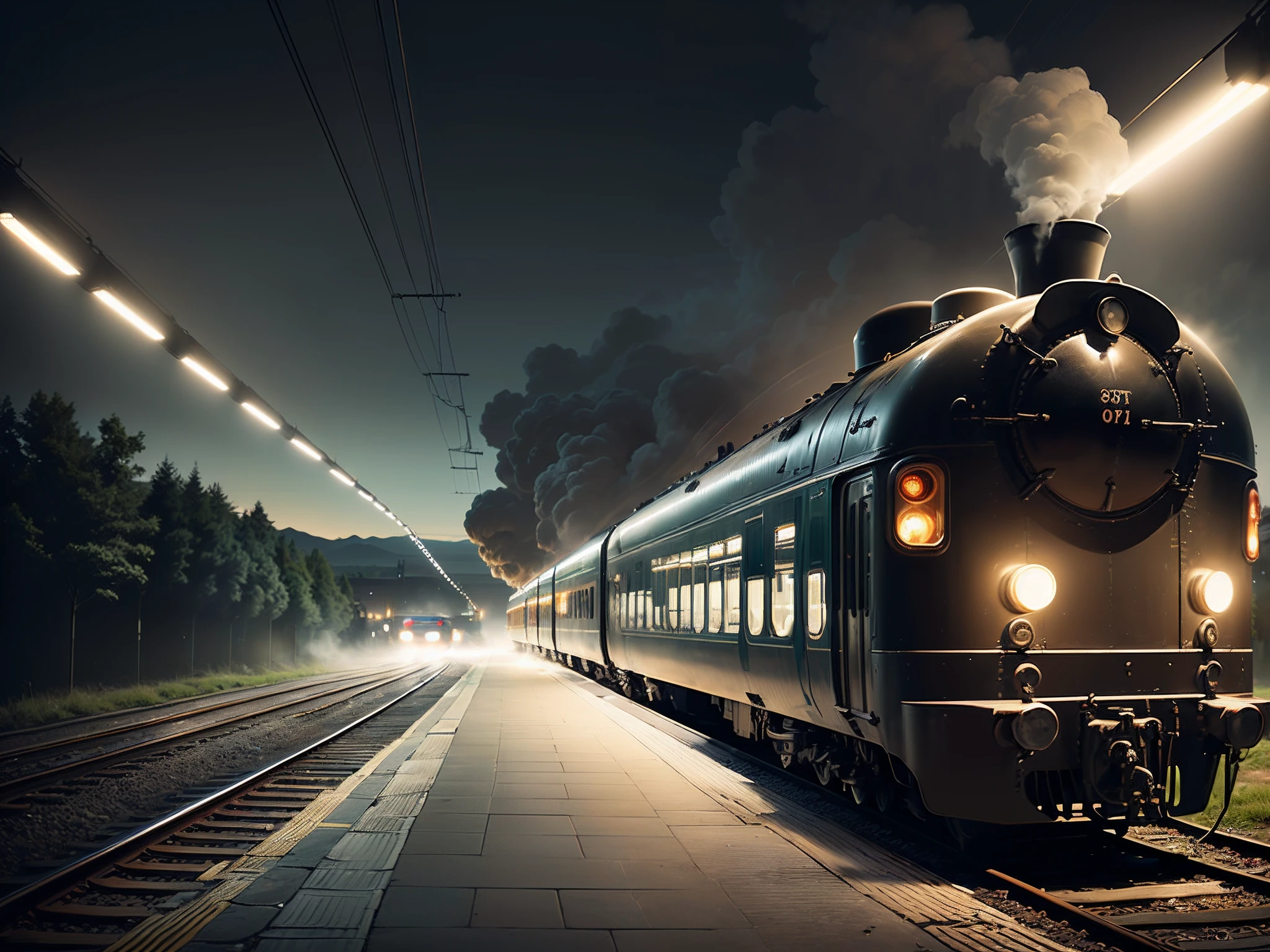 Late night train platform，The lighting is dim，The steam train came slowly，The platform is empty