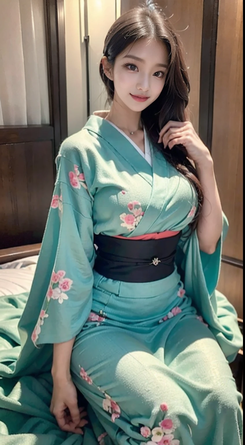 (Photorealsitic:1.4), (Top image quality:1.0), (超A high resolution:1.0), 8K, RAW photography, (tmasterpiece:0.2), (PureErosFace_V1:0.5)、(best quality detail:1.2)、hentail realism、8K, Ultra HD、A high resolution、(1girl in:1.2)、The ultra-detailliert、High quality textures、intricately details、detaileds、Very detailed CG、High quality shadows、Detail Beautiful delicate face、Detail Beautiful delicate eyes、depth of fields、Ray traching,1girl in, japanaese girl, Cute, Slender, Green kimono, kimono with Japanese pattern,Floral curls, Beautiful skin, facing the front there,Sit down, Sit up straight and say thank you,Align your hands gracefully,A faint smile on the ground in Japan,Japanese Garden,Deluxe Japanese-style room, skyporn, magic hour, (Realistic:1.3), finely detailed, quality, (masutepiece:1.2), (Photorealistic:1.2), (Best quality), (Intricate details), Dramatic, Ray tracing, photographed, +Lola