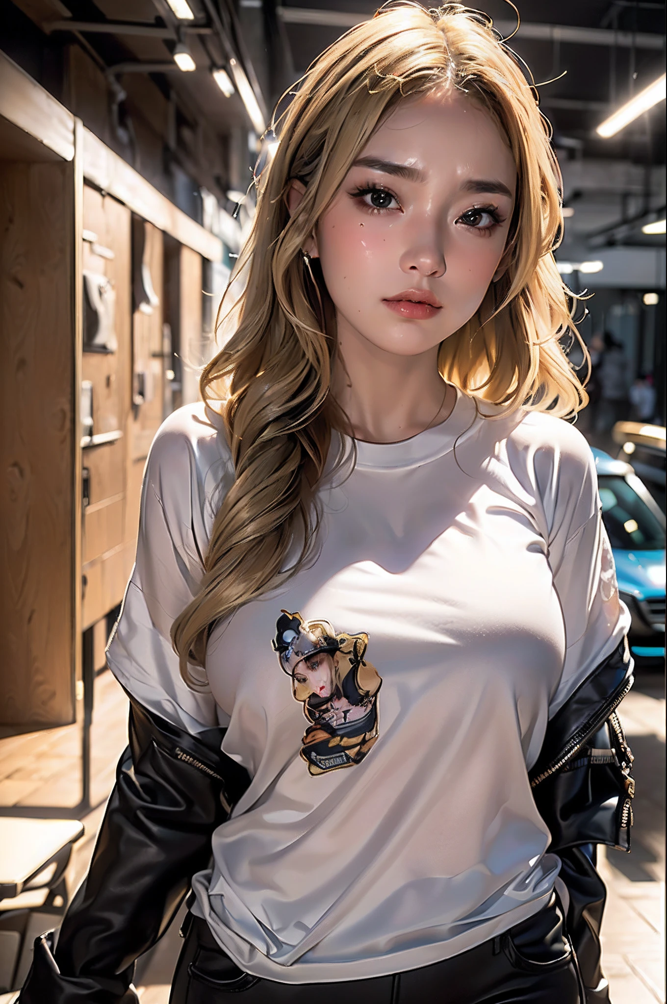 (1girl),large breasts,  breasts, tan, dewy skin, sweaty skin, wavy blonde hair, punk tshirt, punk girl