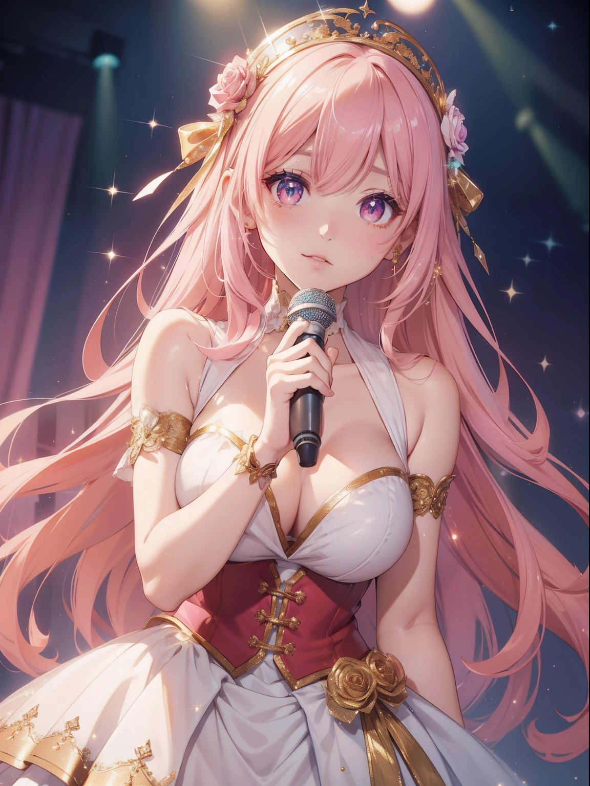 masutepiece, High resolution, 8K, anime woman, Delicate and detailed writing 、Detailed digital illustration、Very long hair and shiny、Bangs、a very beautiful woman、Eyes are double, Large, Bust is D cup、High image quality, High quality、Detailed background、(((Wearing idol clothes)))、((Glittering live stage backdrop))、The inside of the eye shines like a diamond、Light pink hair、Gradient pupil、(((Holding the microphone in her hand)))、(((2 arms、4 fingers, 1 thumb)))、Detailed female face、Very beautiful and cute woman、、细致背景、masterpiece、Soft Focus , Bright gradient watercolor , Lens Flare , (((Glitter))) , Glow , Dreamy , 、Less exposure、Nothing at hand、Idol、Pink ribbon、Very beautiful red rose hair accessories、Pink and gold outfit、White is the main costume、、((Macro for the eyes))、((reaching out))