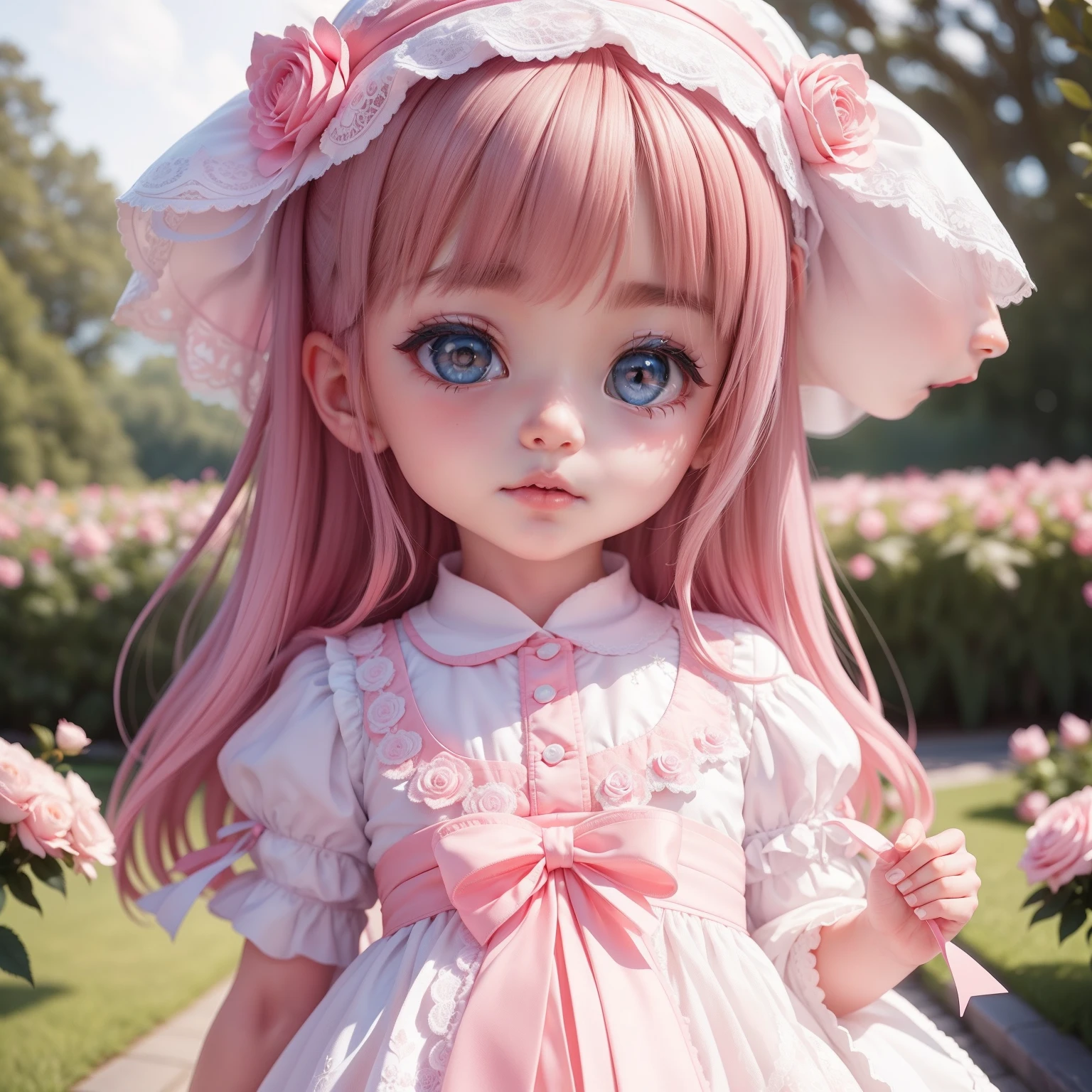 realisitic、e Babite and pink lacy ceremony dress、Garden of blue roses、close - up face