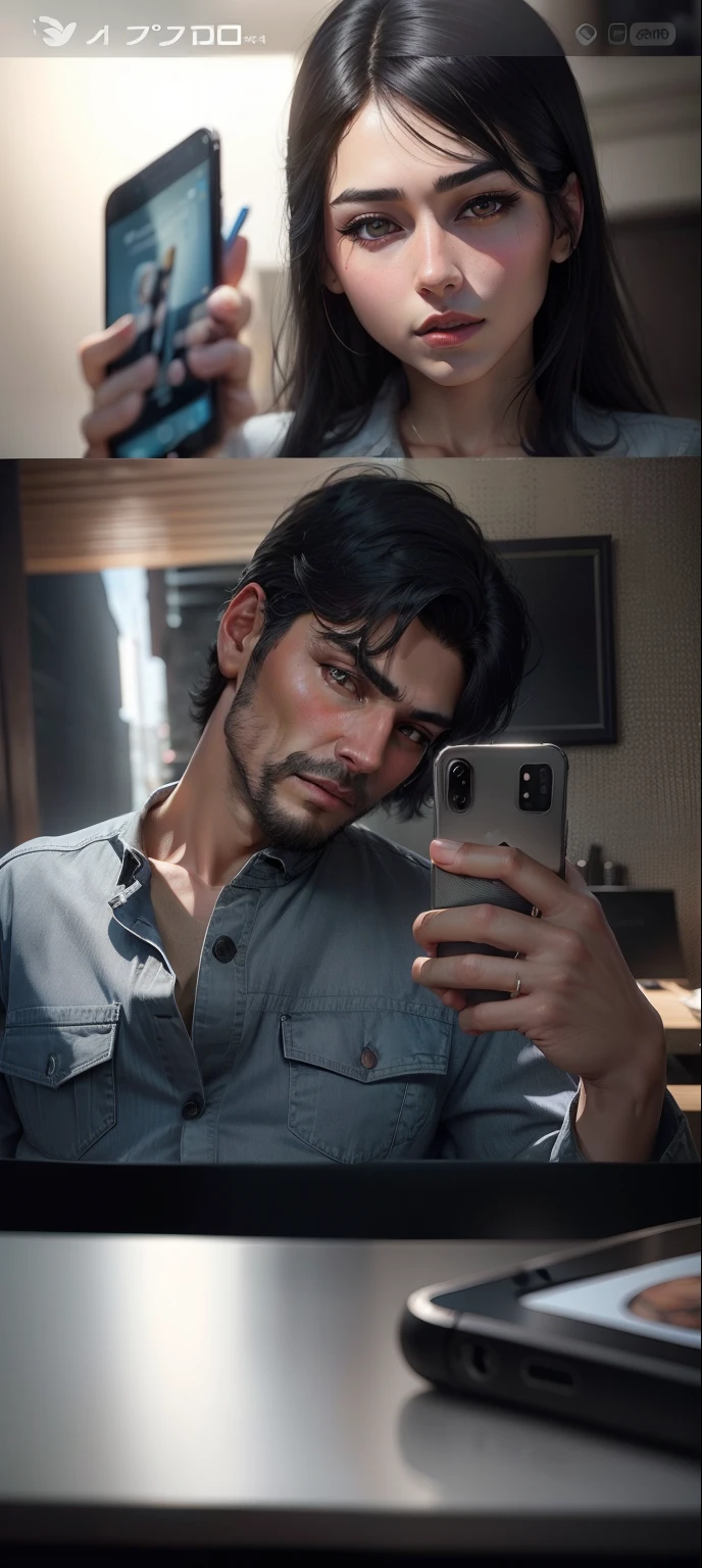 Realistic face black hair gray denim shirt holding i phone 4k ultra