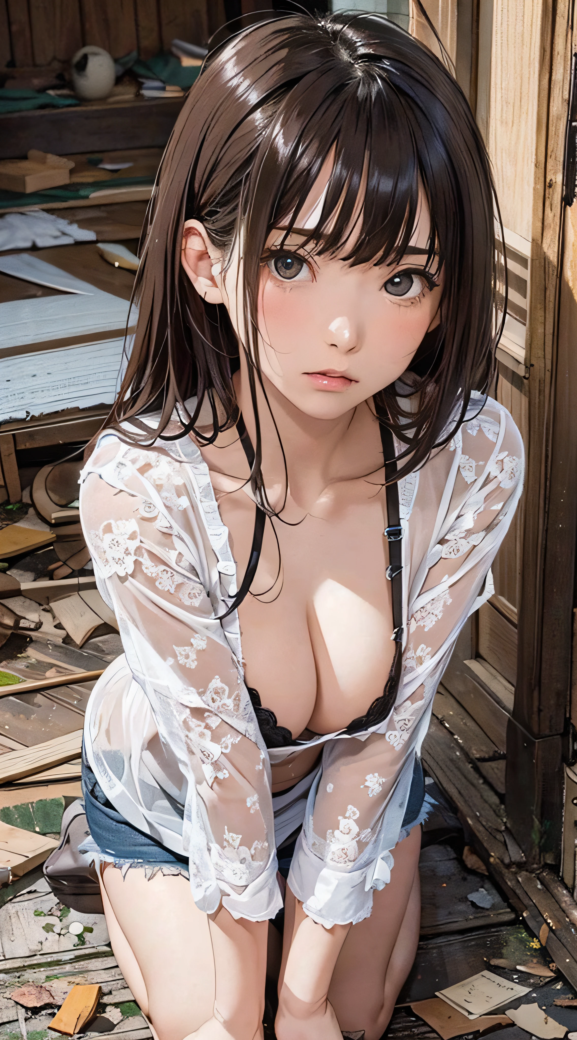 (1girl:1.3), cinematic light, (masterpiece, top quality, best quality, official art, beautiful and aesthetic:1.3), extreme detailed,highest detailed,(ultra-detailed),((an extremely delicate and beautiful)), ((Crouch down on dark night abandoned house)), from above, rainy, solo, breasts, silky long hair, (brown hair), Casual clothes, white Lace inner, open breast, 26 years old, unsteady gaze, torn clothes, anxious, embarrassed, (looking up:1.4)