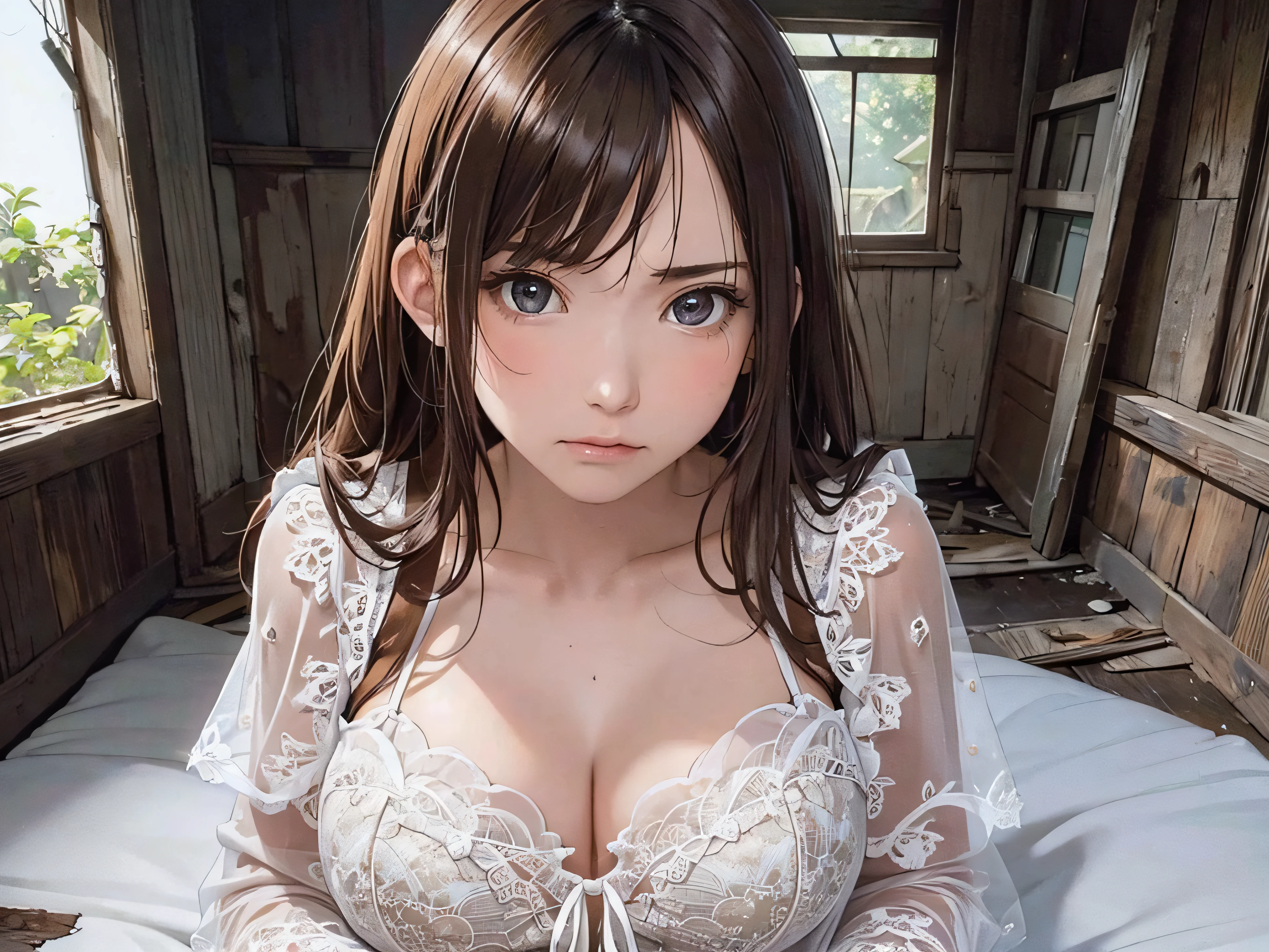 (1girl:1.3), cinematic light, (masterpiece, top quality, best quality, official art, beautiful and aesthetic:1.3), extreme detailed,highest detailed,(ultra-detailed),((an extremely delicate and beautiful)), ((Crouch down on dark night abandoned house)), from above, rainy, solo, breasts, silky long hair, (brown hair), Casual clothes, white Lace inner, open breast, 26 years old, unsteady gaze, torn clothes, anxious, embarrassed, (looking up:1.4)