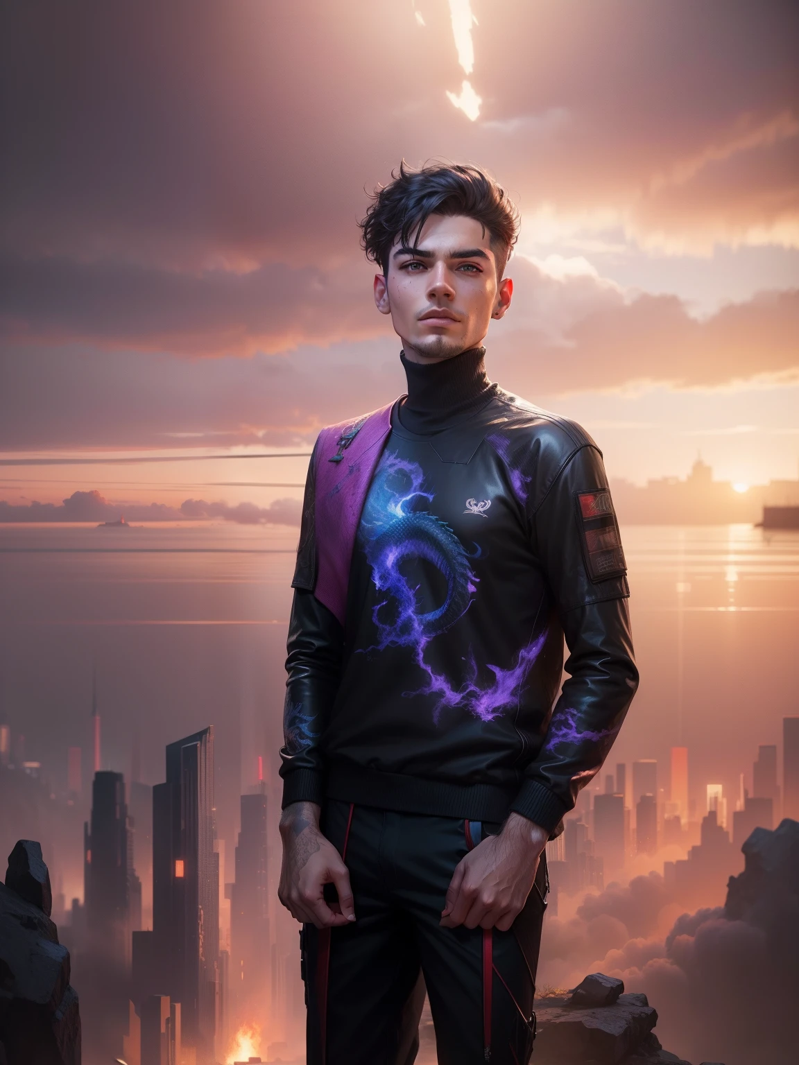 Dragon background, cyberpunk handsome boy, realistic face, 8k, ultra realistic