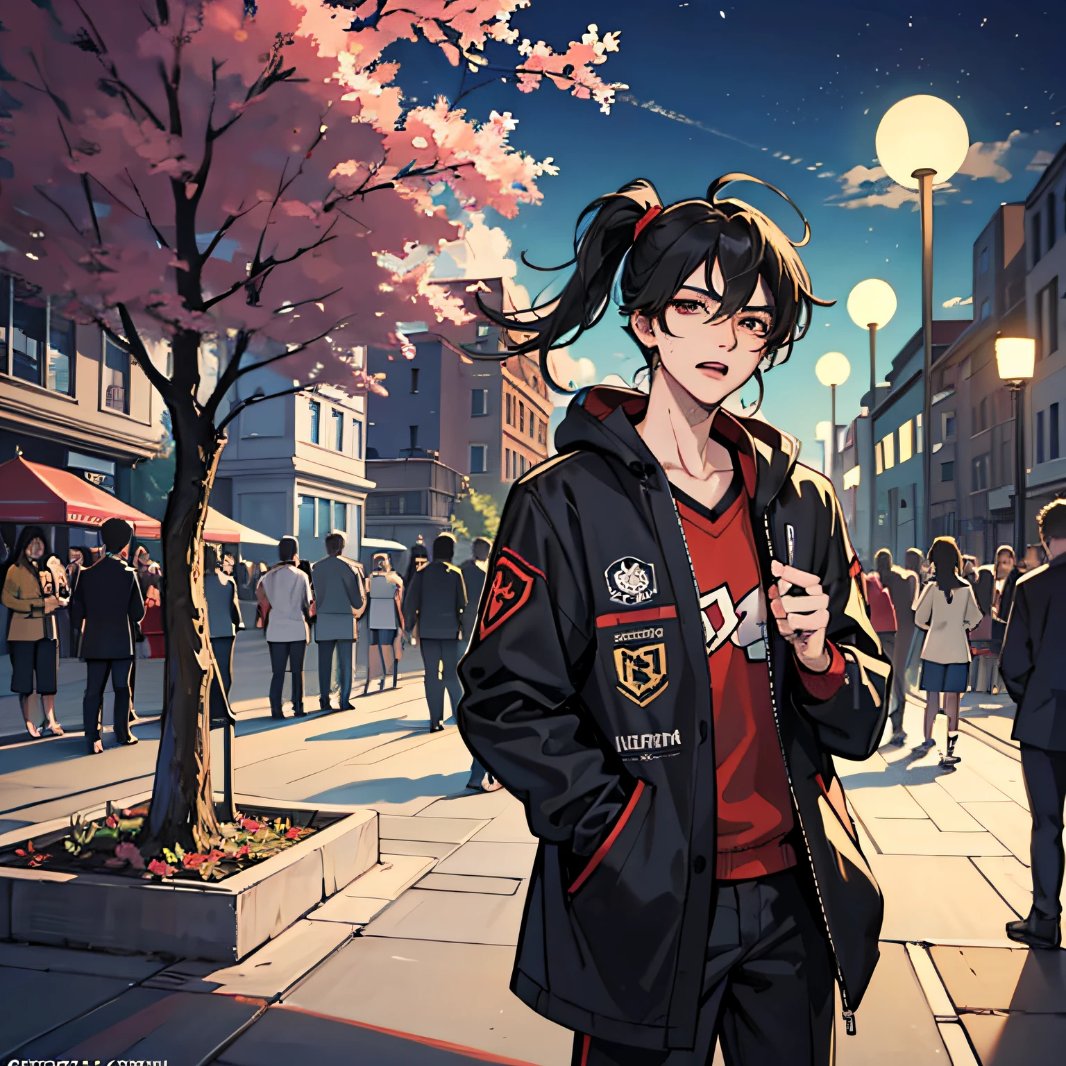 A crowd of spectators stood on the campus playground looking at the sky,A mockery appeared on his face、ironic expression,the night,A half body,style of anime