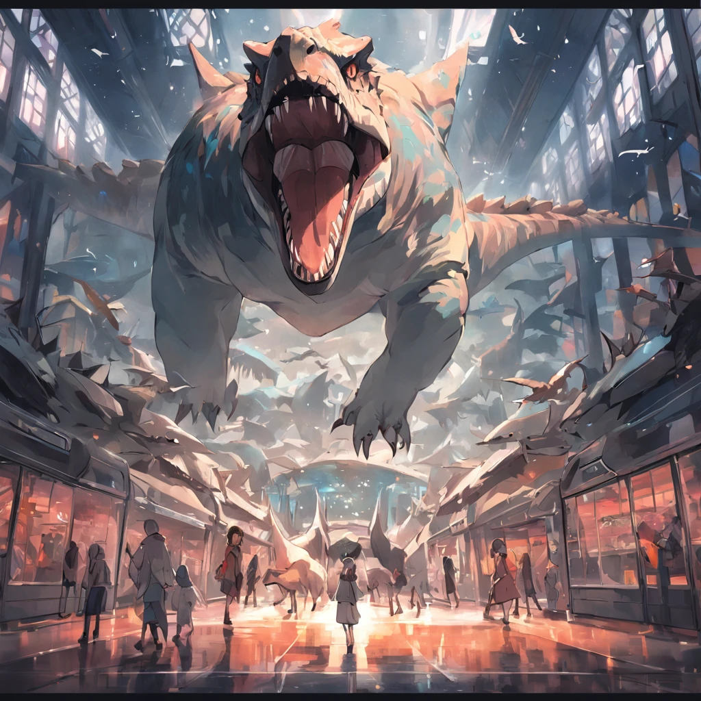 Dinosaurs carry wolves,Museum,nigth,Open your mouth,irate,vehicles,Vehicles surround dinosaurs,There is also a bus in the photo,Collision with a bus,strike,The action is exaggerated,Meticulous crowd background