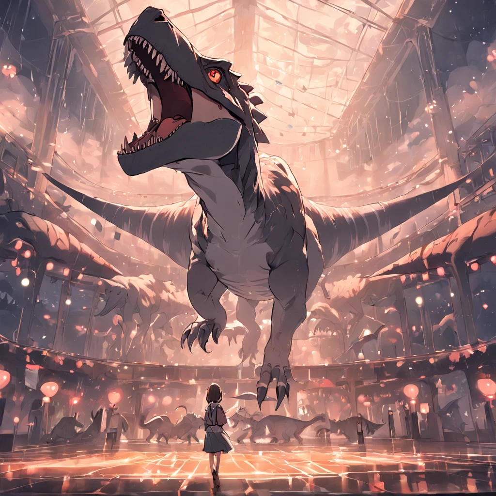 Dinosaurs carry wolves,Museum,nigth,Open your mouth,irate,Jump up,Fly in the air,takeoff,There is also a bus in the photo,