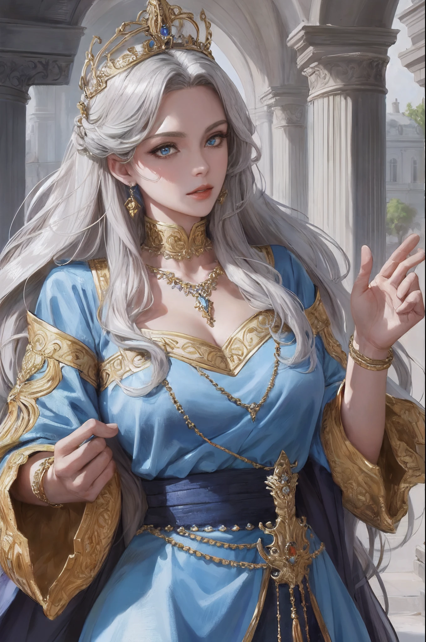 tmasterpiece,Optimal image quality,( Beautiful eyes), finerly detailed face, Raised sexy,a queen,Gorgeous costumes,Huge breasts,golden laurel crown,Gorgeous earrings and necklaces,sceptre,Light blue long dress,Fair skin,Detailed pupils,Blue pupil,Incredibly ultra-detailed,stunningly realistic,Facial features of Nordic women,Look at the audience with pity and tenderness,Long curly silver wavy long hair,