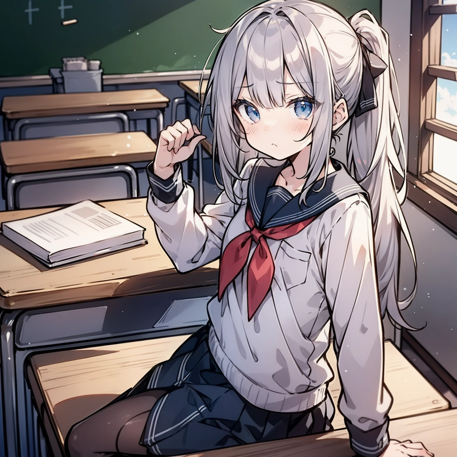 Anime girl around ,Double ponytail hairstyle 1.5,Long white hair 1.5,Wearing a plain white school uniform,Sit at a desk in the classroom(Frown 1.5)(Pout 1.5)(The background is in a classroom at school:1.5),Anime style 4K,Anime rendering,style of anime,8K fineness,(Upper body display:1.5)(Cinematic lighting:1.5)(Flat chest 1.5)(Little Loli 1.5)