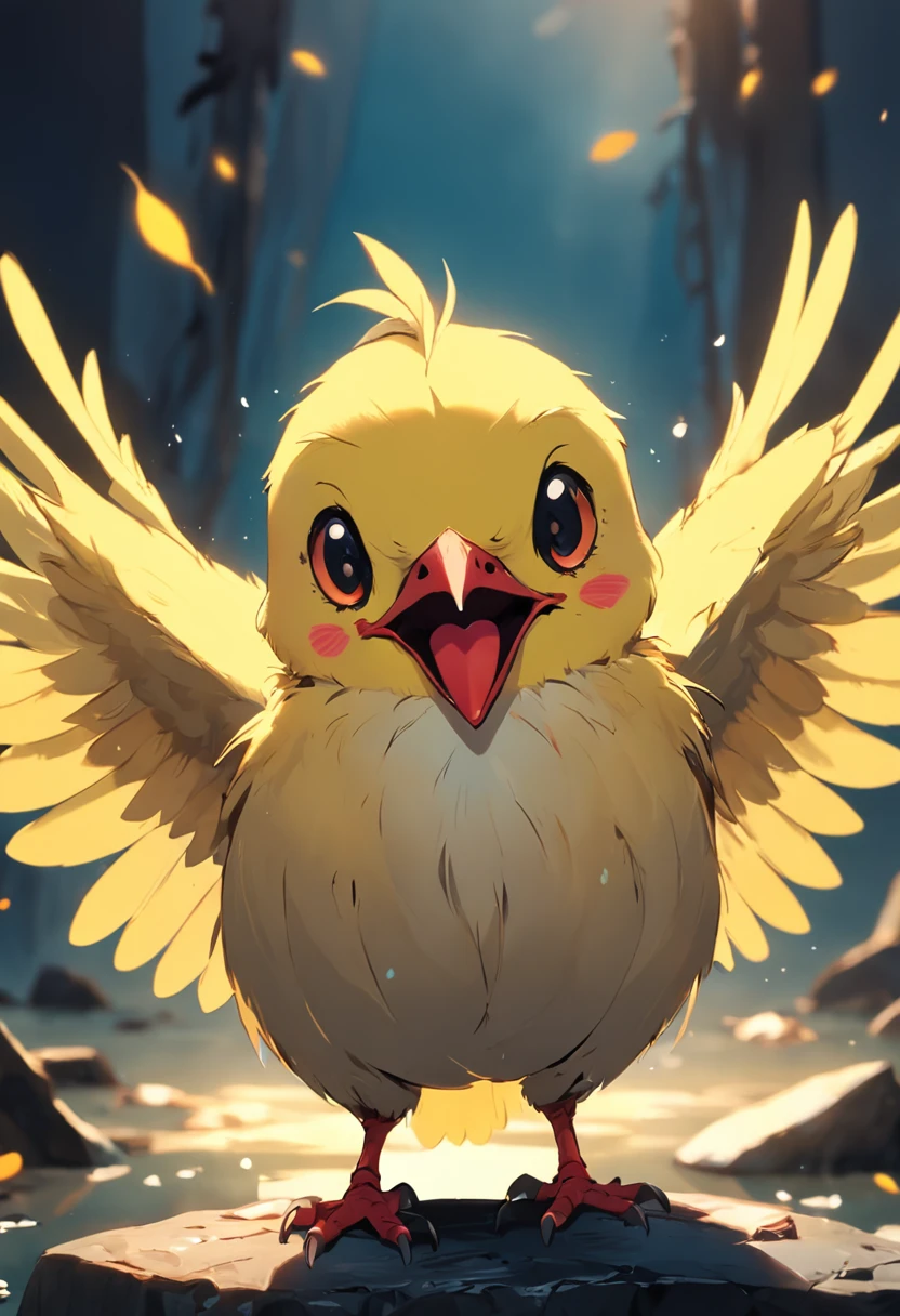 A cute little bird，Yellow body，Red mouth，Simple background，cuteexpression。