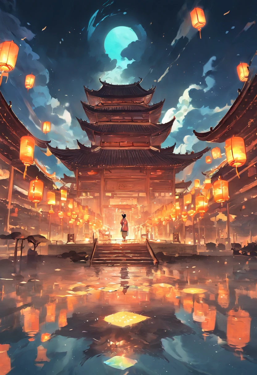 Floating lights, cinematic light and reflections, Glowing lights, Intermediate metaverse elements,Digital painting, glowing reflections, Pondering, Floating lanterns, calm evening, Digital illustration, beautiful ambiance, Sky lights at night, serene evening atmosphere, Floating lanterns, (Kongming Lantern), the night, themoon, game scenes, Ancient Chinese palaces are located above the clouds, surrounded by cloud, Homem-Imponente, glazed tiles, BUDDHA STATUE, gorgeous color, In the foreground are three arches((Color ink)), ( (Splash ink ) ), ((Splash ink) ink})), tmasterpiece, high qulity, Beautiful graphics, high detal