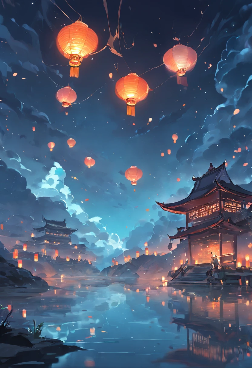 Floating lights, cinematic light and reflections, Glowing lights, Intermediate metaverse elements，Digital painting, glowing reflections, Pondering, Floating lanterns, calm evening, Digital illustration, beautiful ambiance, Sky lights at night, serene evening atmosphere, Floating lanterns, (Kongming Lantern), the night, themoon, game scenes, Ancient Chinese palaces are located above the clouds, surrounded by cloud, Homem-Imponente, glazed tiles, BUDDHA STATUE, gorgeous color, In the foreground are three arches((Color ink)), ( (Splash ink ) ),  ((Splash ink) ink})), tmasterpiece, high qulity, Beautiful graphics, high detal