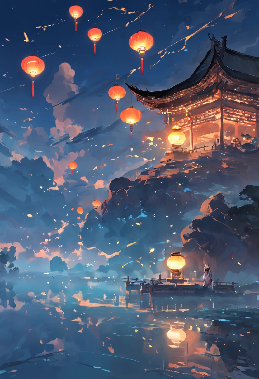 Floating lights, cinematic light and reflections, Glowing lights, Intermediate metaverse elements,Digital painting, glowing reflections, Pondering, Floating lanterns, calm evening, Digital illustration, beautiful ambiance, Sky lights at night, serene evening atmosphere, Floating lanterns, (Kongming Lantern), the night, themoon, game scenes, Ancient Chinese palaces are located above the clouds, surrounded by cloud, Homem-Imponente, glazed tiles, BUDDHA STATUE, gorgeous color, In the foreground are three arches((Color ink)), ( (Splash ink ) ), ((Splash ink) ink})), tmasterpiece, high qulity, Beautiful graphics, high detal