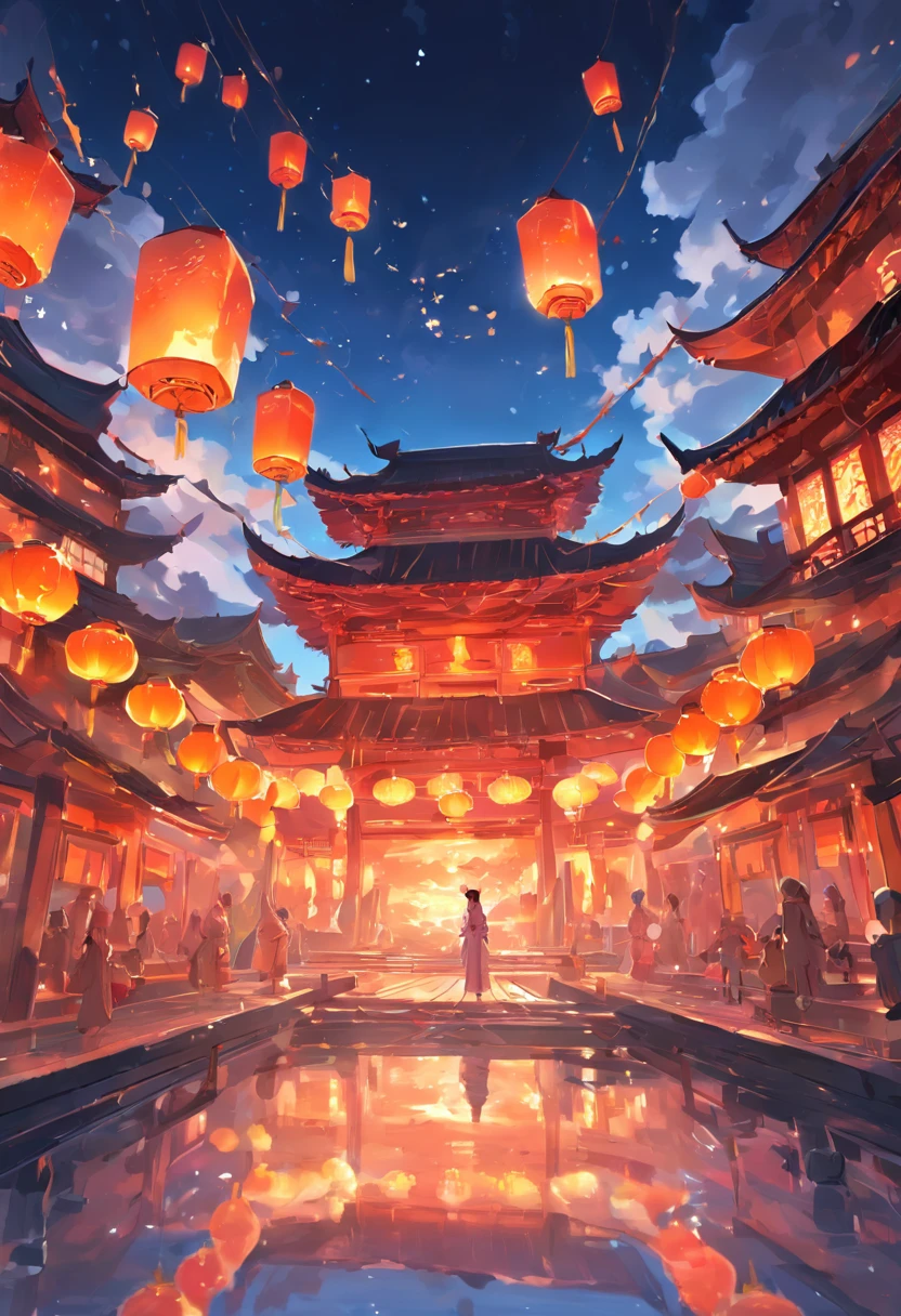 Floating lights, cinematic light and reflections, Glowing lights, Intermediate metaverse elements,Digital painting, glowing reflections, Pondering, Floating lanterns, calm evening, Digital illustration, beautiful ambiance, Sky lights at night, serene evening atmosphere, Floating lanterns, (Kongming Lantern), the night, themoon, game scenes, Ancient Chinese palaces are located above the clouds, surrounded by cloud, Homem-Imponente, glazed tiles, BUDDHA STATUE, gorgeous color, In the foreground are three arches((Color ink)), ( (Splash ink ) ), ((Splash ink) ink})), tmasterpiece, high qulity, Beautiful graphics, high detal