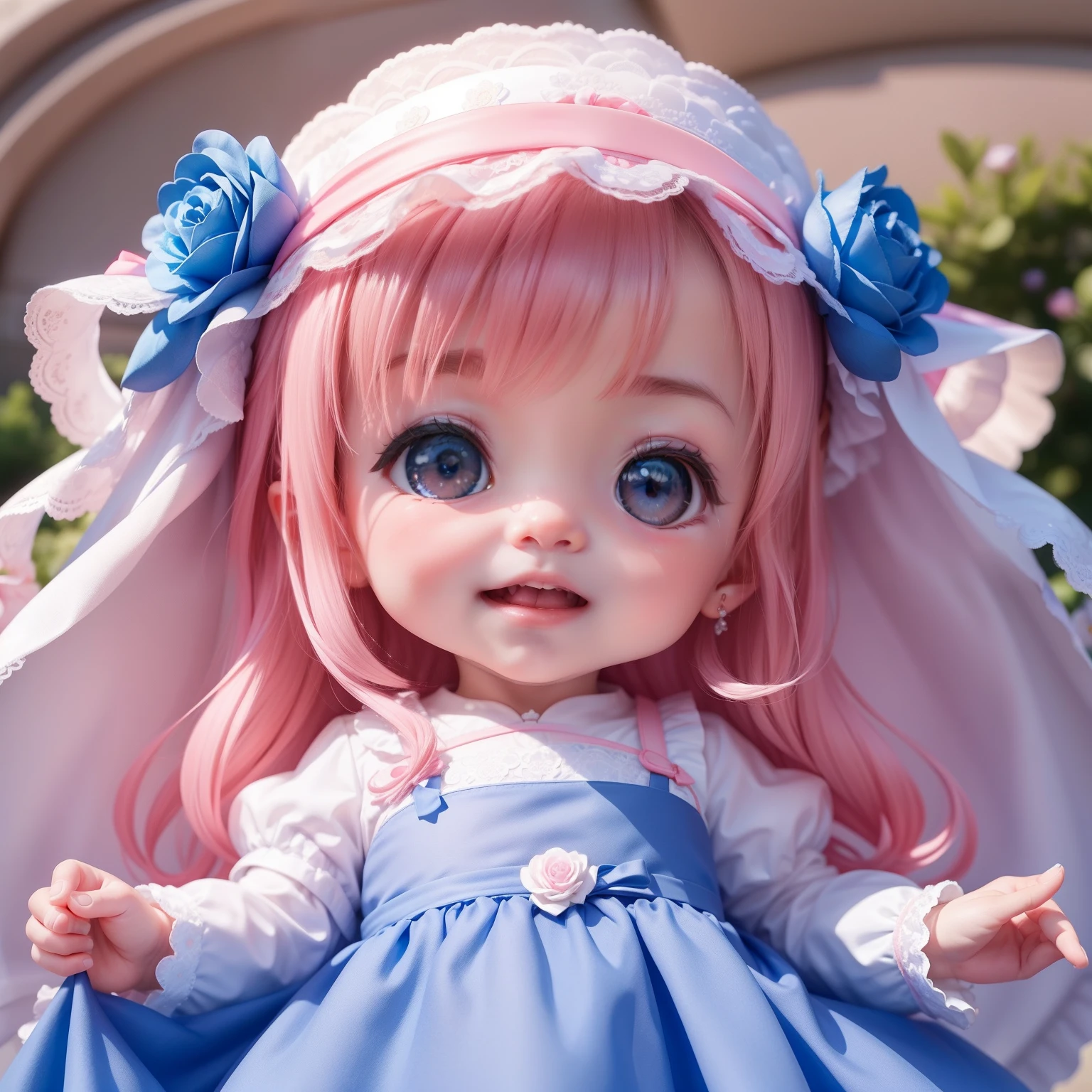 realisitic、cute little1Baby 、White and pink lace ceremony dress、Blue rose garden、close - up face、Open your mouth and smile