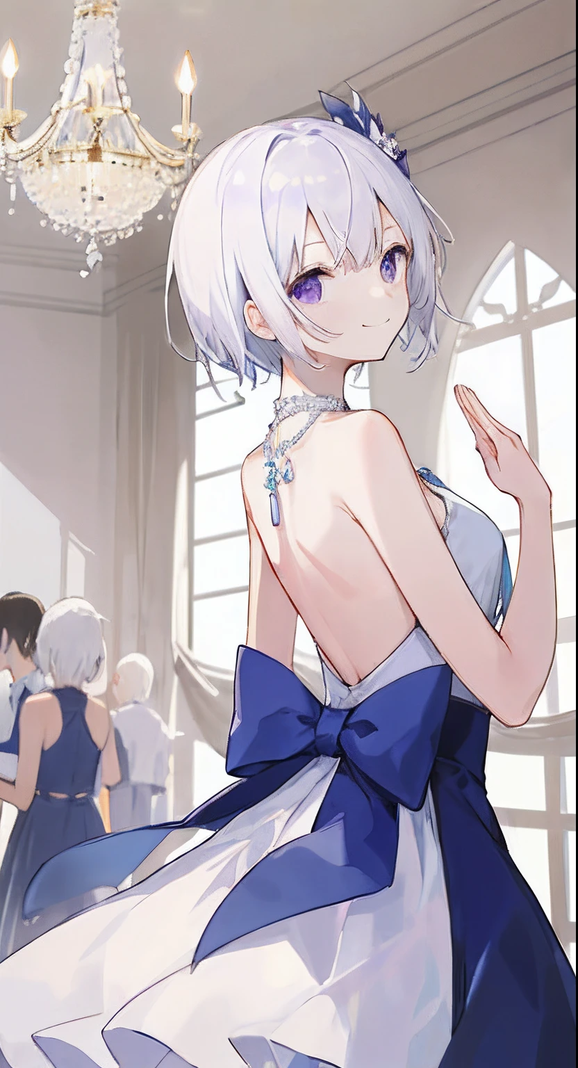 ((​masterpiece、top-quality)),1girl in, 独奏, contemportry,white  hair、short-hair、A slight smil、Party Venue、Dress up、Dark blue dress、White cloth、Skirt part、Purple eyes、A smile、Modest necklace、Dress with an empty back、early evening、细致背景、chandeliers、hall