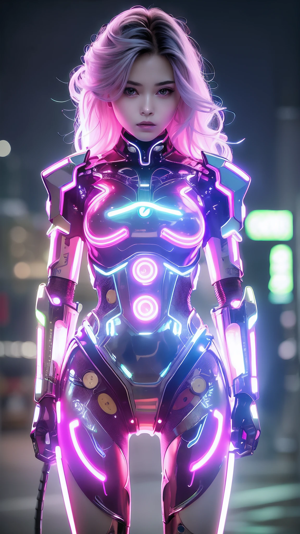 masterpiece, best quality, 1 girl, ives girl, Mecha, beautiful lighting, (Neon silver Light:1.2), (Night:1.5), wire and cable connected on whole body, bondage with neon wire,