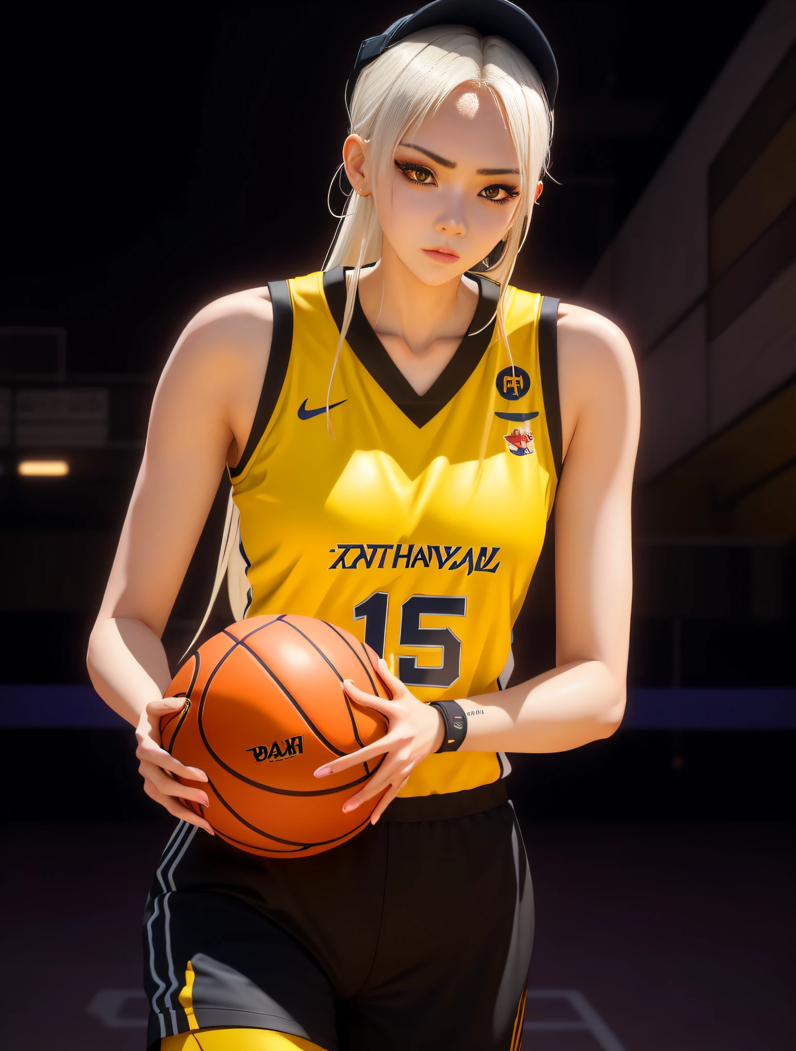 There is a teenage girl posing for a shoot,Hold the basketball in both hands， basketball player，Wear a basketball shirt，slender figures，White color hair，On the gymnasium basketball court，Best anime 4k konachan wallpaper, Detal Face, full bodyesbian, Guweiz on ArtStation Pixiv, Realistic anime 3 D style, Badass anime 8 K, Guweiz in Pixiv ArtStation, trending on artstation pixiv, Guviz-style artwork, style of anime4 K