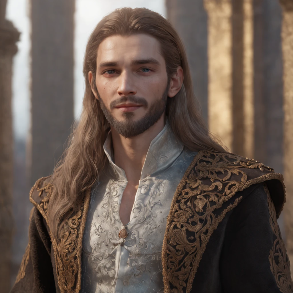 (professional 3d render:1.3) af (Realistic:1.3) most beautiful artwork photo in the world,long golden hair no beard, beaturiful blue eyes, smile and beautiful Fantastic location, gentlemen, gothic, full body 8k unity render, action shot, real skin, very dark lighting, Highly detailed and complex, heavyshading, Detailed, Detailed face, (noble, photograph realistic, Realistic, Dramatic, Dark, Sharp focus, 8K), navy tail coat, (Intricate:1.4), decadent, Dramatic, (Highly detailed:1.4), Digital painting, rendering by octane, art stations, concept-art, smooth, Sharp focus, Art germ, (loish:0.23), alphonse mucha gracias, (Global illumination, Studio light, volumettic light), particles floating, lotr, fantasy, elf, vampire, ((Dark and ancient city background:1.3, wild rose)),CGSesociety,art stations