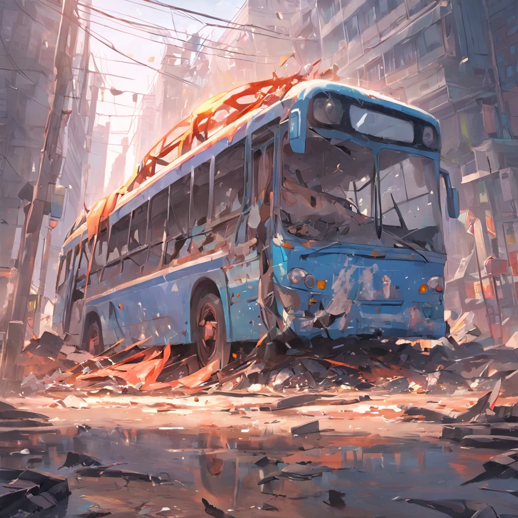 Real bus,On the street,Car accident,Falling apart,Trampled flat,iron sheet,wreckage,废墟,photorealistic background
