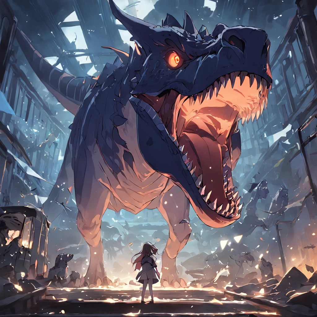Dinosaurs carry wolves,Museum,nigth,Open your mouth,irate,There is also a bus in the photo,Collision with a bus,strike,The action is exaggerated