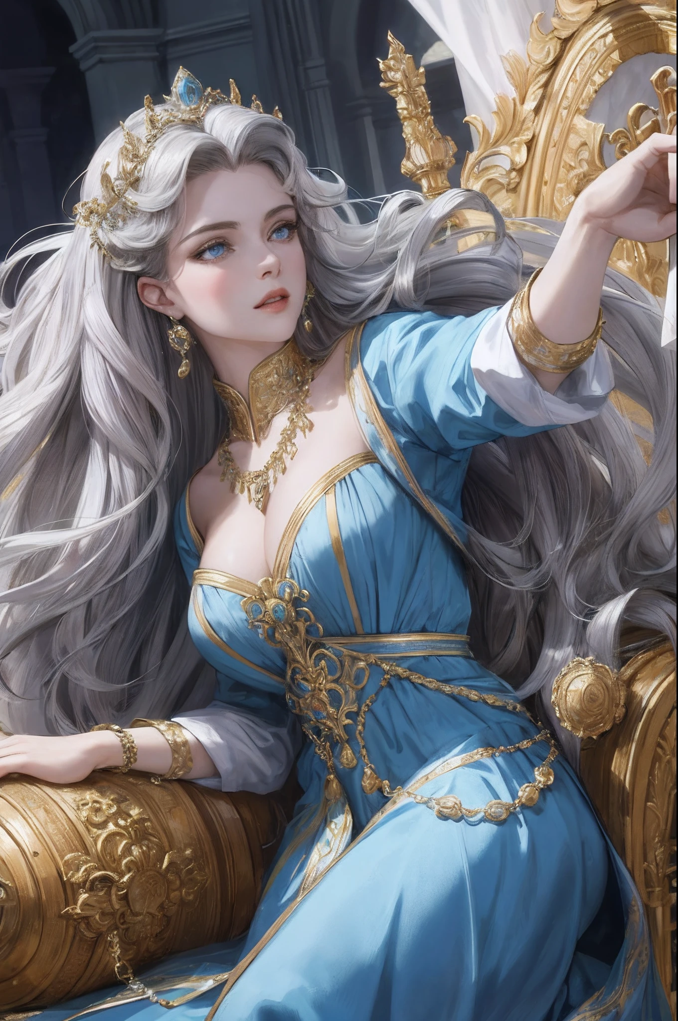 tmasterpiece，Optimal image quality，( Beautiful eyes), finerly detailed face, Raised sexy，a queen，Gorgeous costumes，Huge breasts，golden laurel crown，Gorgeous earrings and necklaces，sceptre，Light blue long dress，Fair skin，Detailed pupils，Blue pupil，Incredibly ultra-detailed，stunningly realistic，Facial features of Nordic women，Look at the audience with pity and tenderness，Long curly silver wavy long hair，
